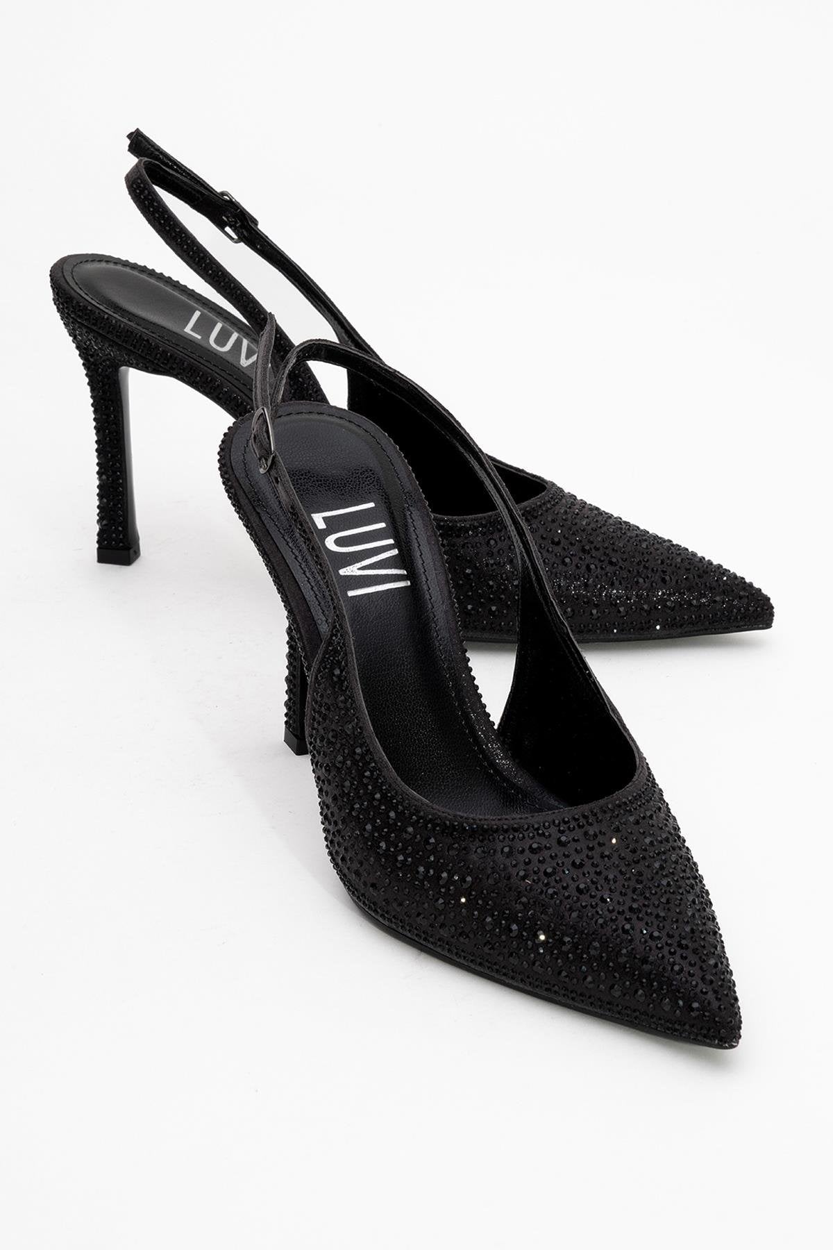 Roya - Black Jeweled Pointed Toe Stiletto – front three-quarter view showing leather, black, Vowalisse