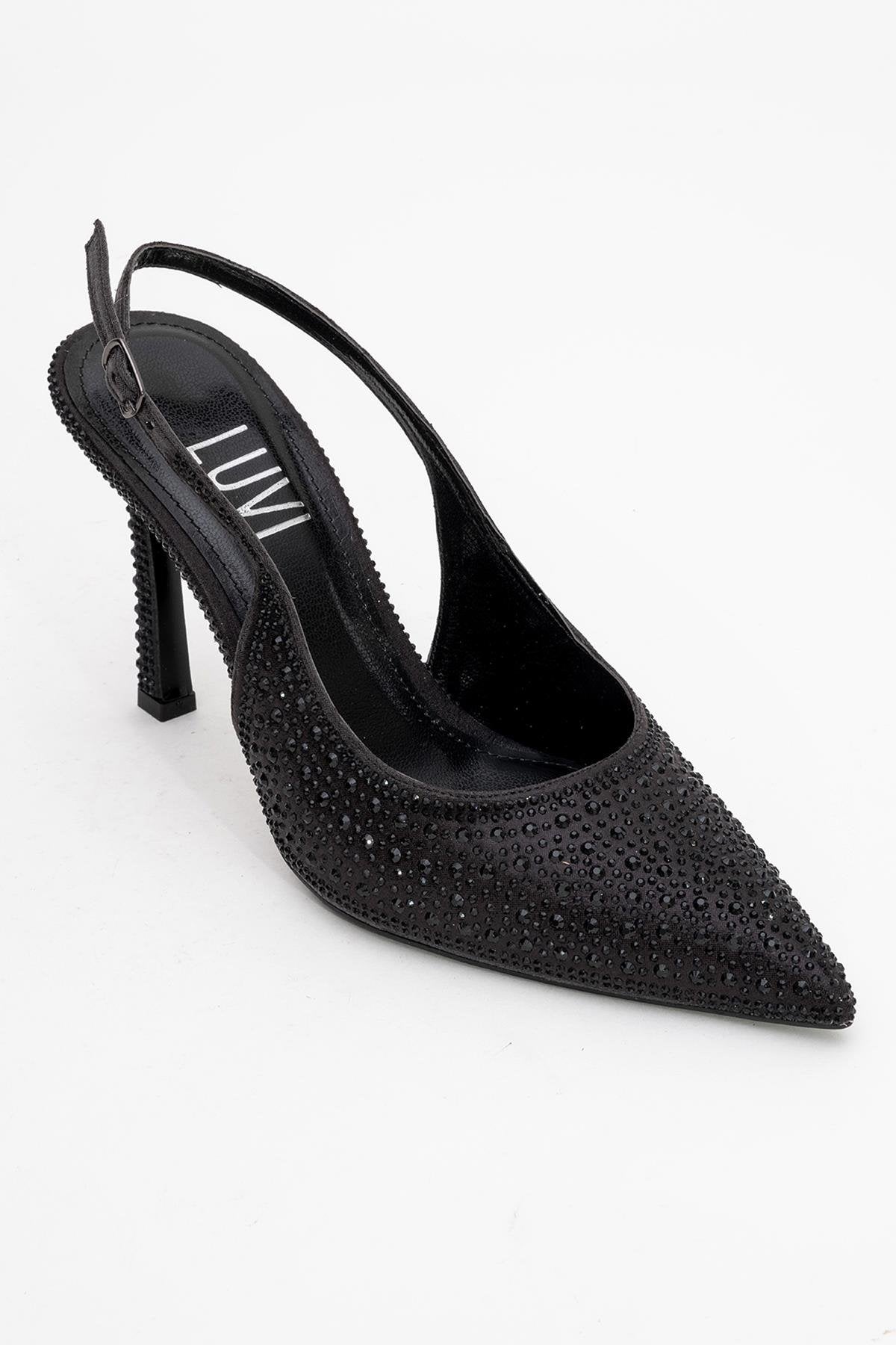 Roya - Black Jeweled Pointed Toe Stiletto – detail view showing leather, black, Vowalisse