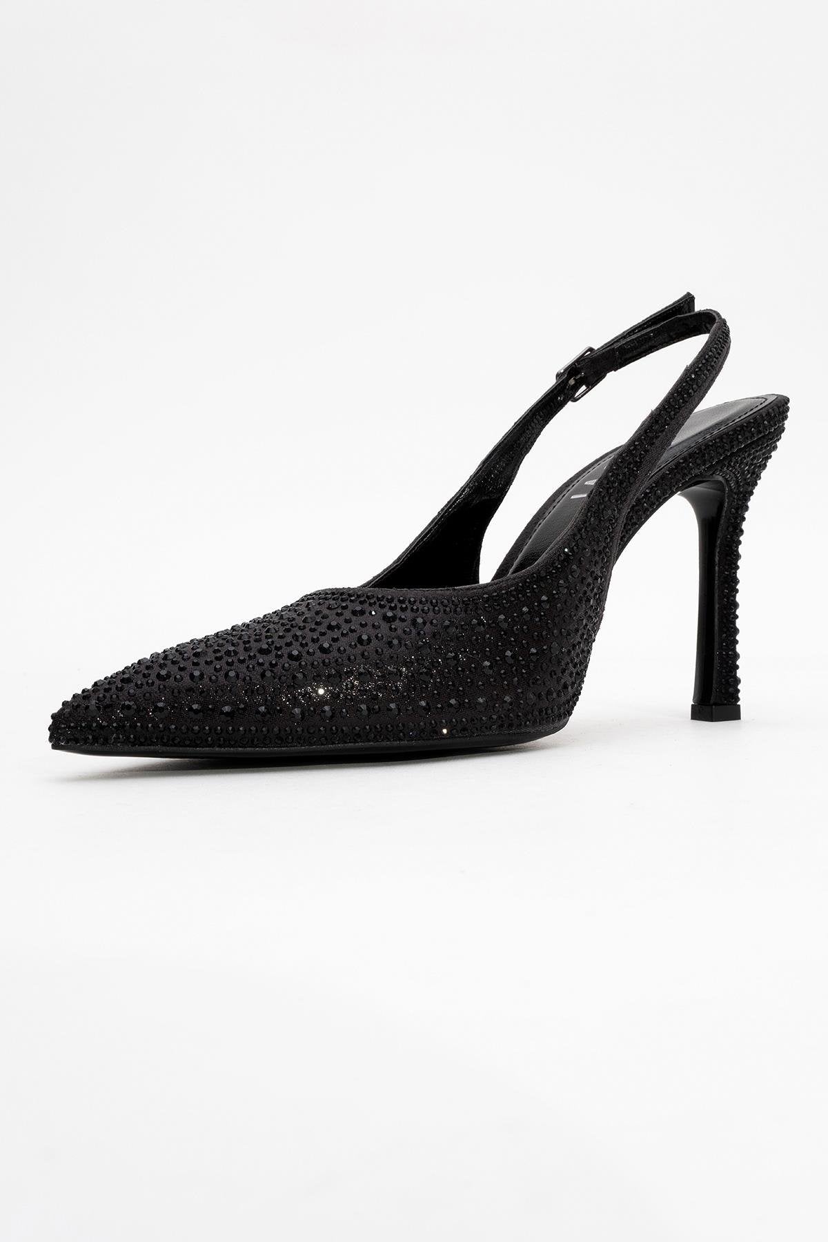 Roya - Black Jeweled Pointed Toe Stiletto – heel view showing leather, black, Vowalisse