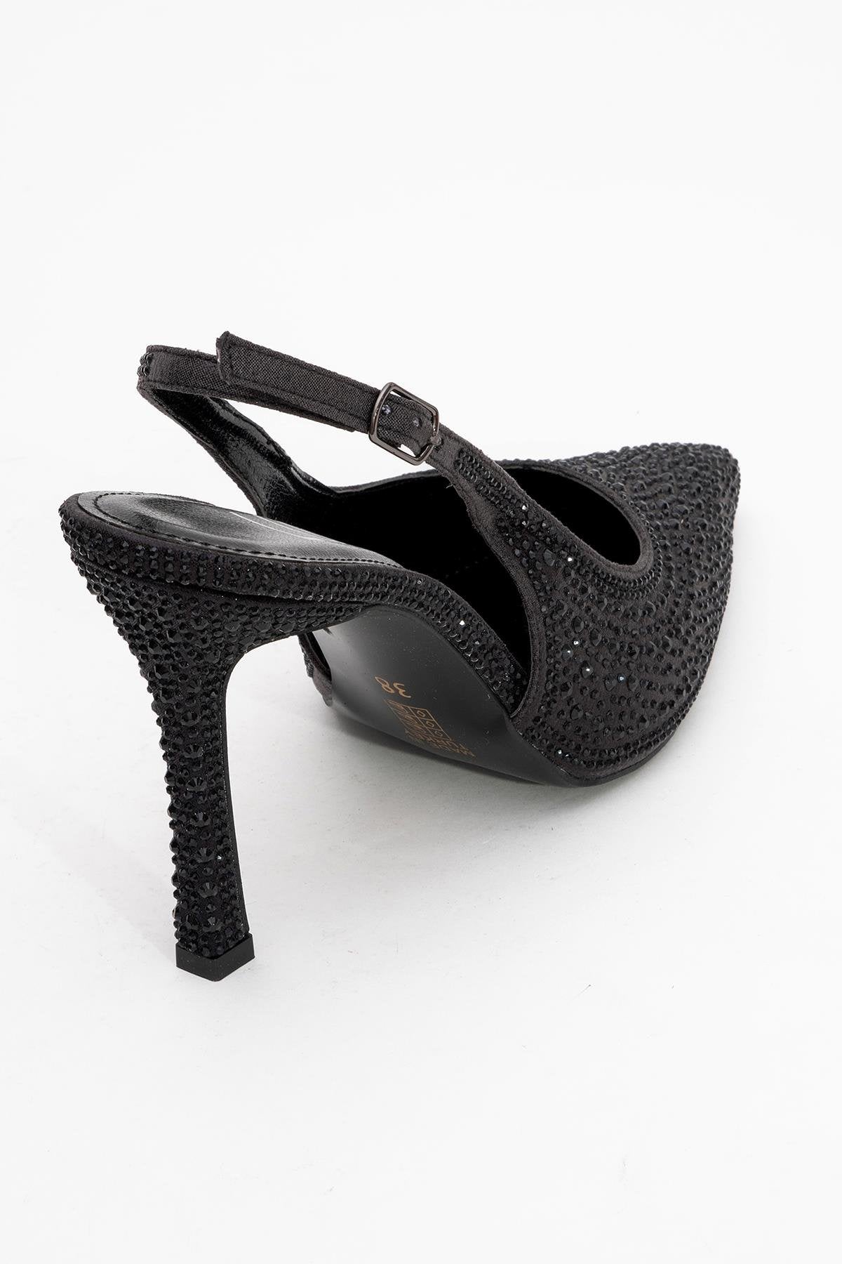 Roya - Black Jeweled Pointed Toe Stiletto – back view showing leather, black, Vowalisse