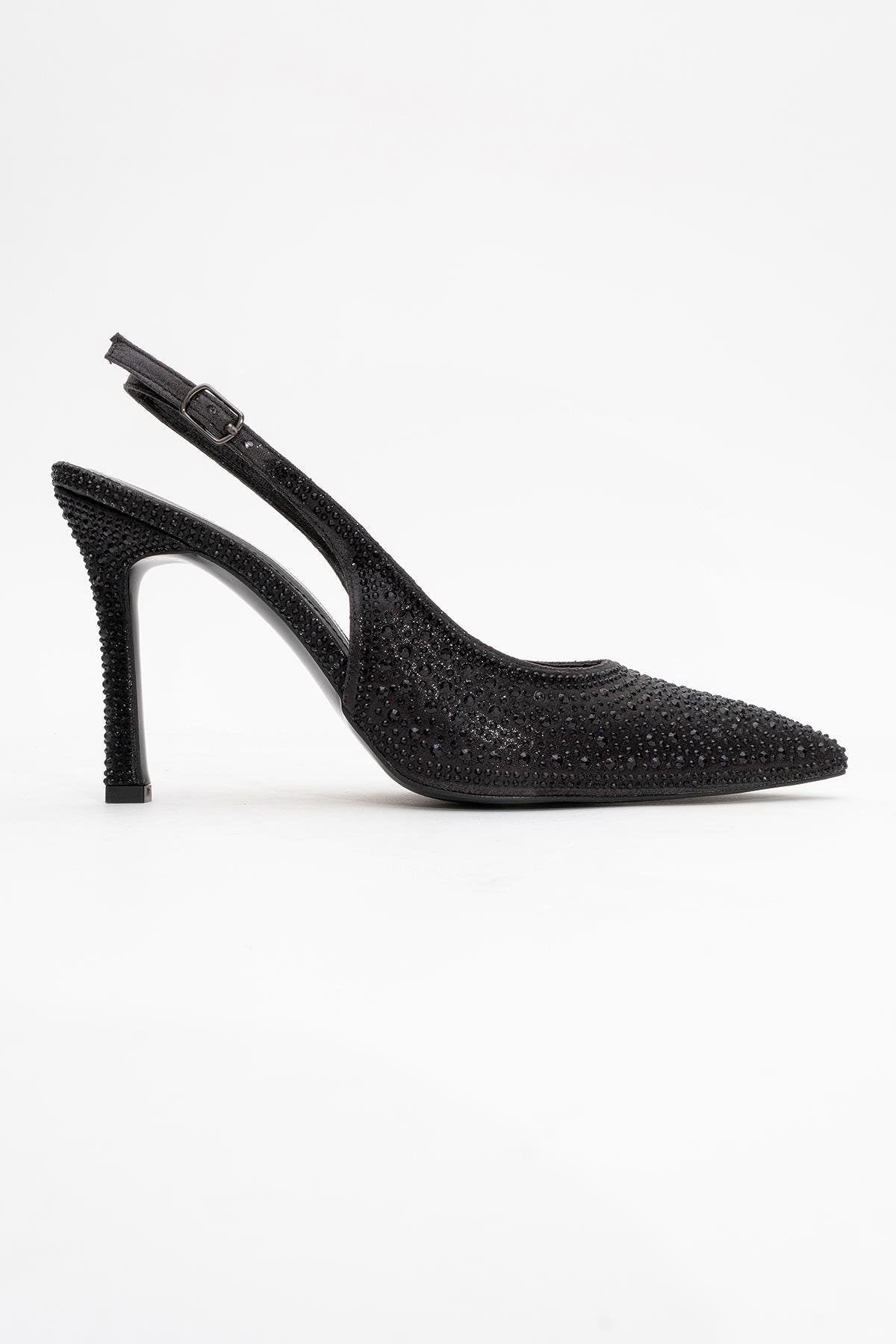 Roya - Black Jeweled Pointed Toe Stiletto – top view showing leather, black, Vowalisse