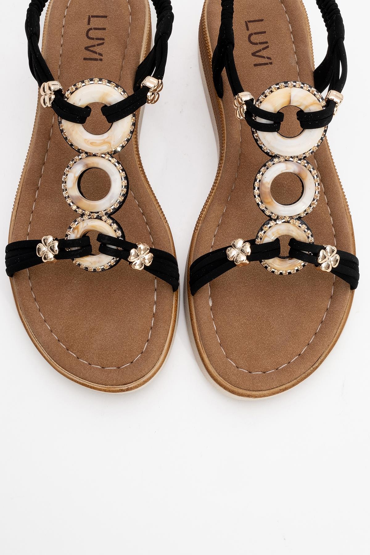 JUNES Black Buckle-Embellished Flat Sandal – side view showing crystal, leather, black, Vowalisse