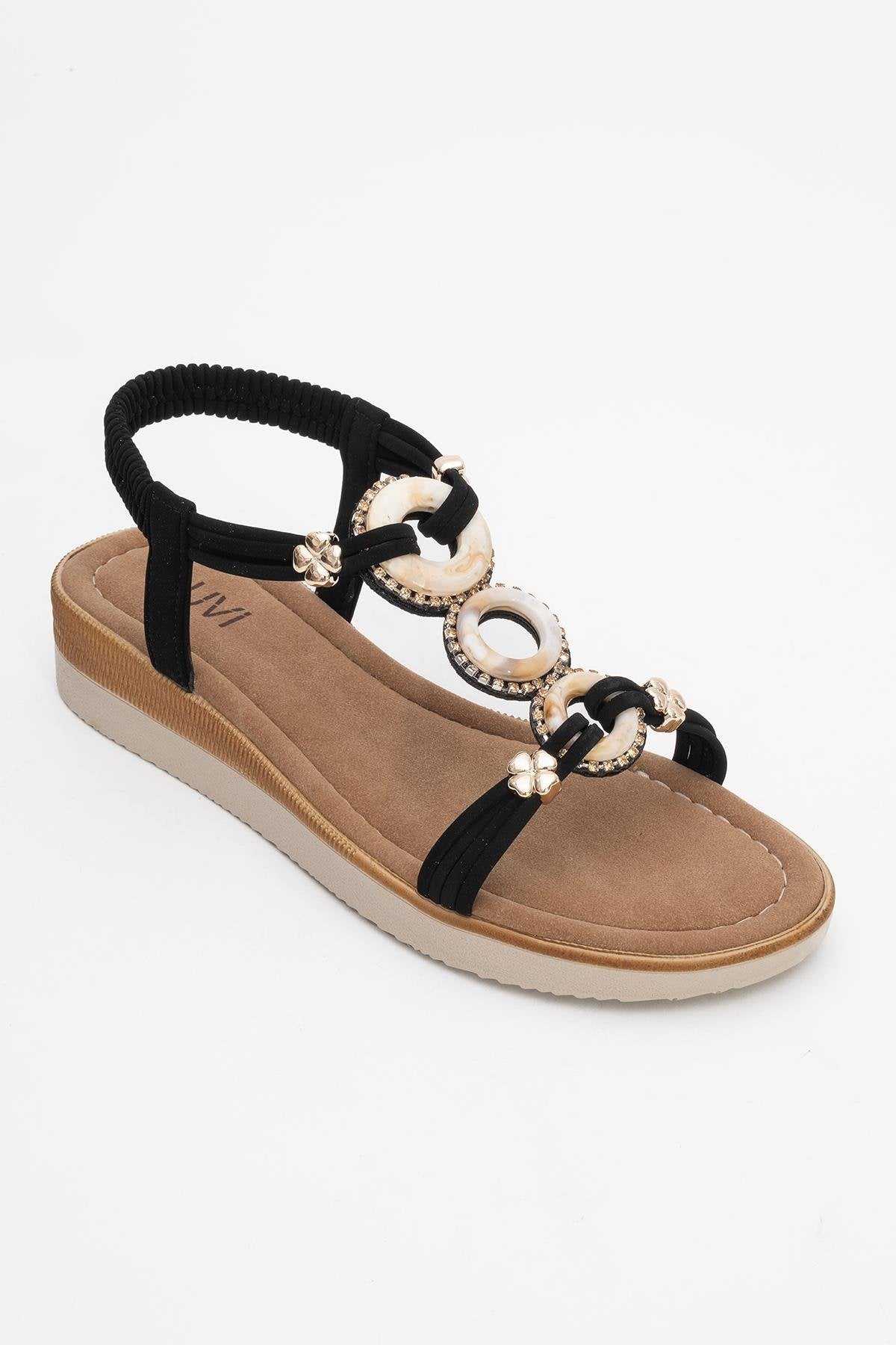 JUNES Black Buckle-Embellished Flat Sandal – detail view showing crystal, leather, black, Vowalisse