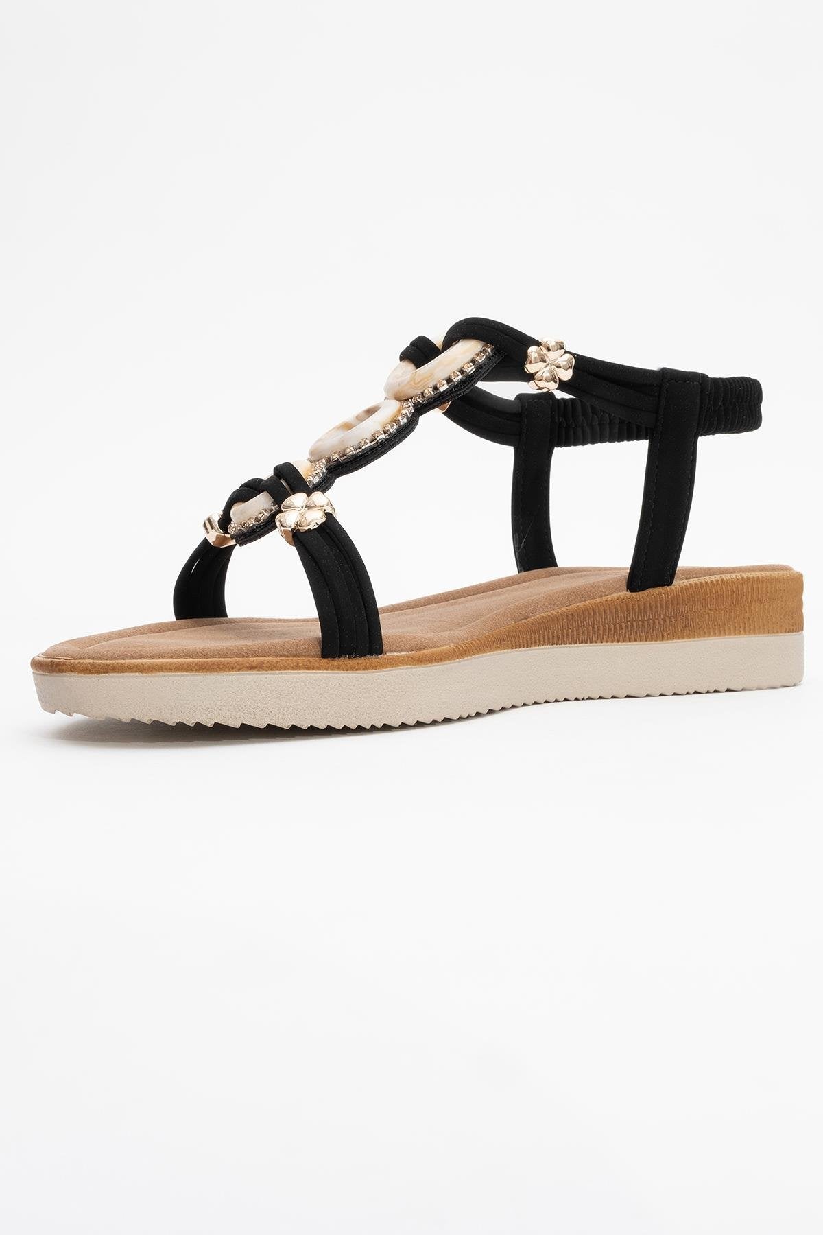 JUNES Black Buckle-Embellished Flat Sandal – heel view showing crystal, leather, black, Vowalisse