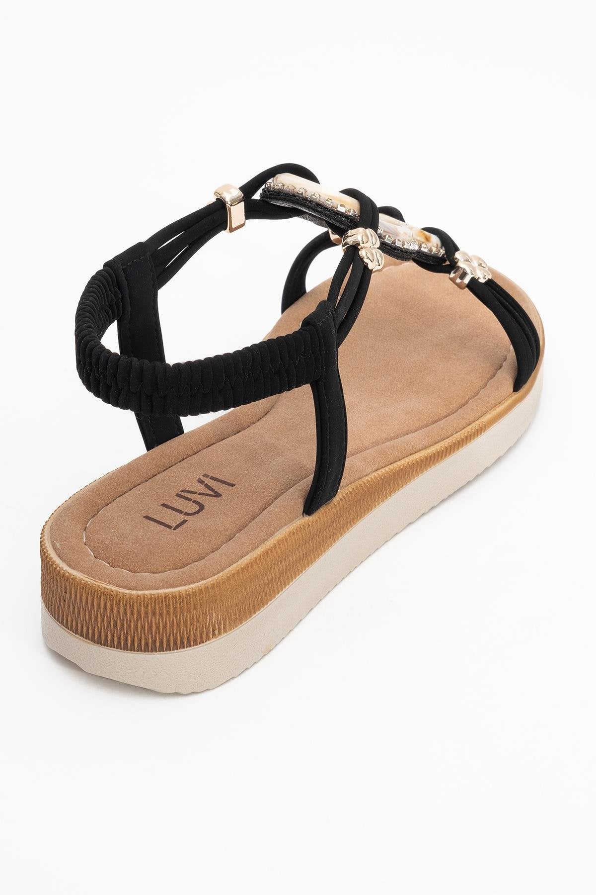 JUNES Black Buckle-Embellished Flat Sandal – back view showing crystal, leather, black, Vowalisse