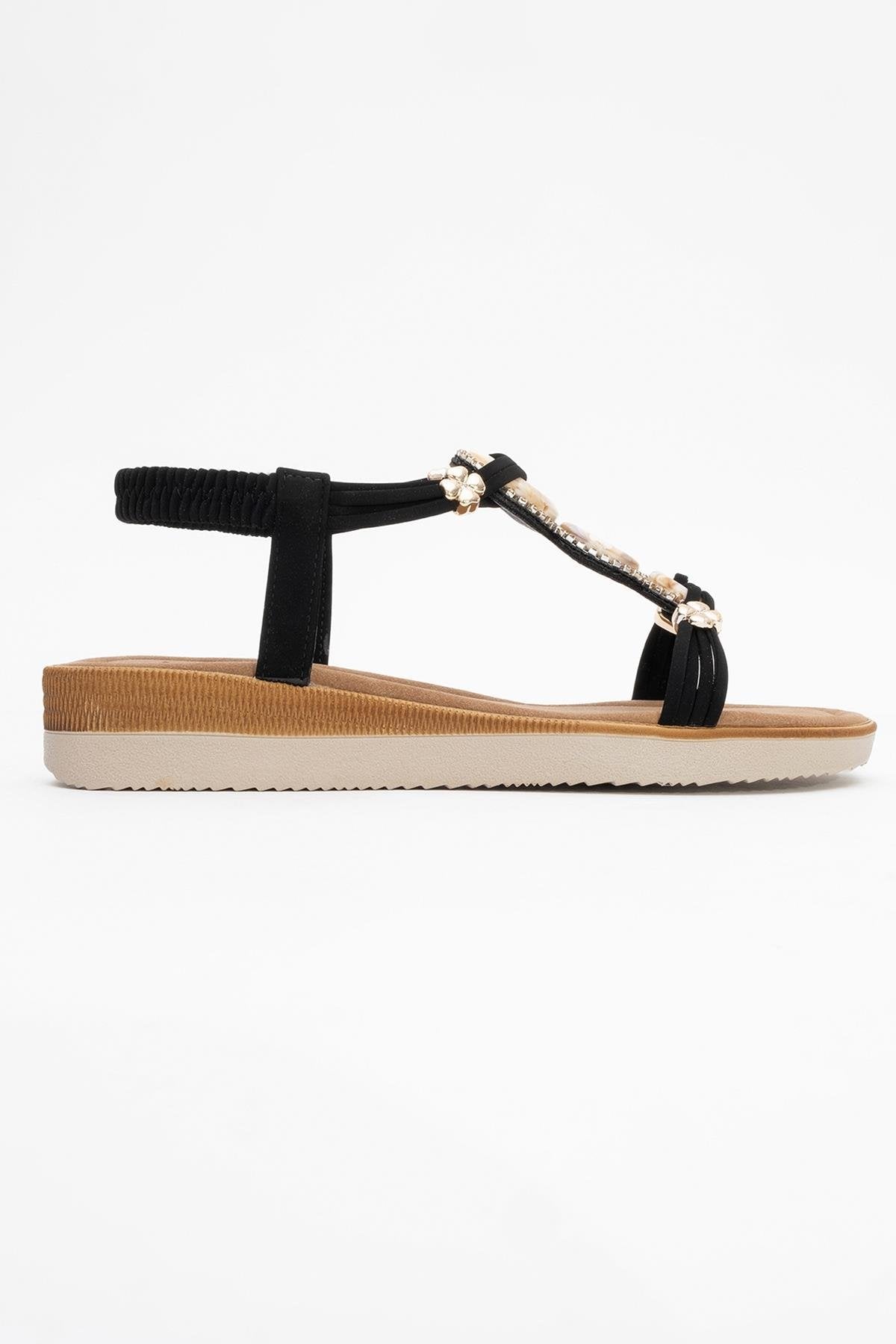 JUNES Black Buckle-Embellished Flat Sandal – top view showing crystal, leather, black, Vowalisse