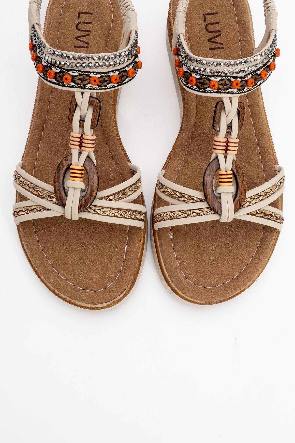 CHER Beige Braided Strap Sandal – side view showing crystal, leather, Vowalisse