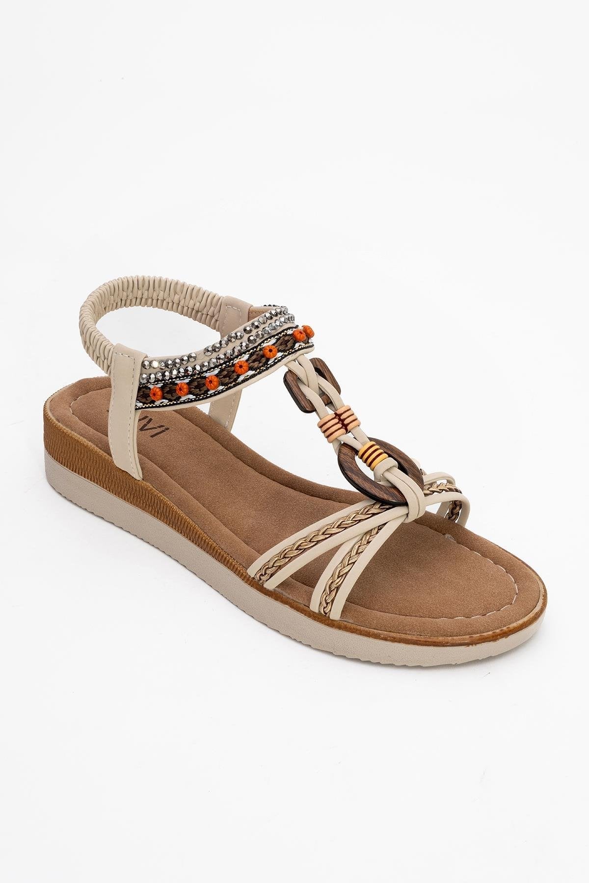 CHER Beige Braided Strap Sandal – detail view showing crystal, leather, Vowalisse