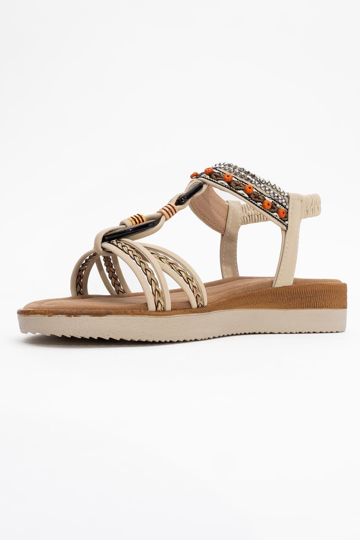 CHER Beige Braided Strap Sandal – heel view showing crystal, leather, Vowalisse