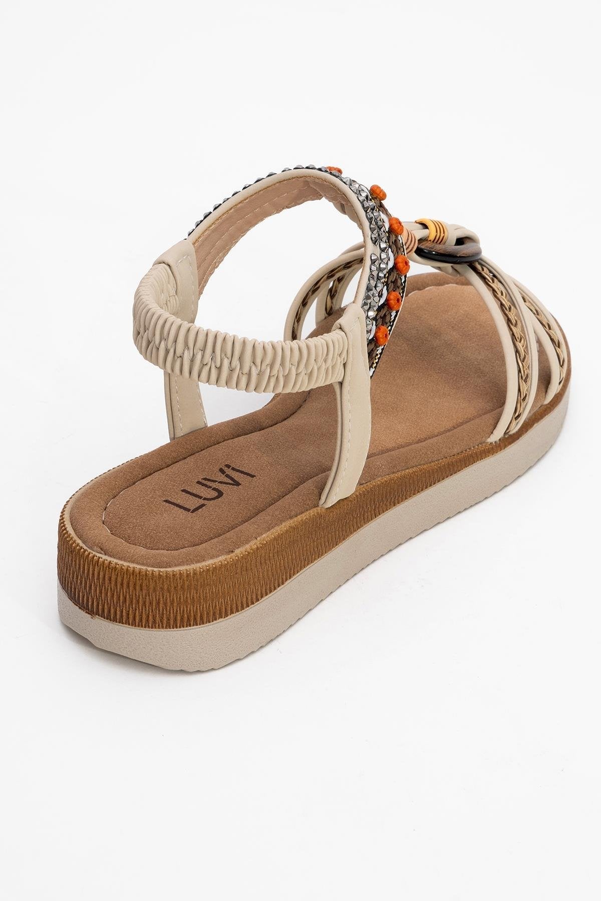 CHER Beige Braided Strap Sandal – back view showing crystal, leather, Vowalisse