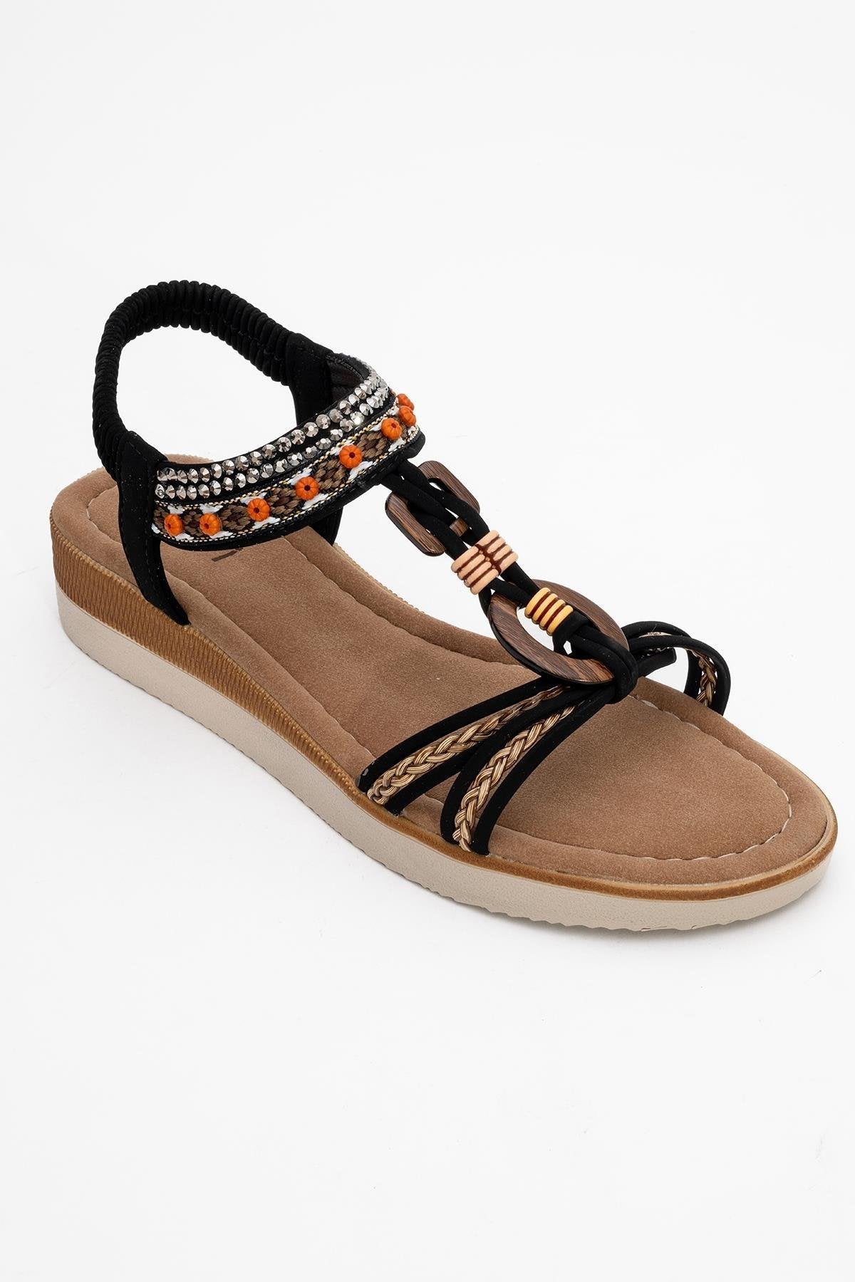CHER Black Braided Strap Sandal – detail view showing crystal, leather, black, Vowalisse