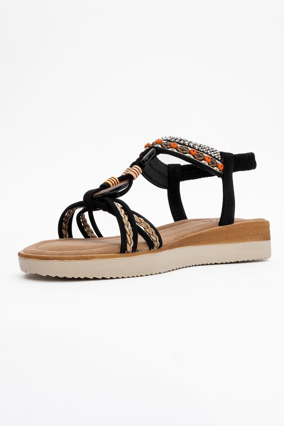 CHER Black Braided Strap Sandal – heel view showing crystal, leather, black, Vowalisse