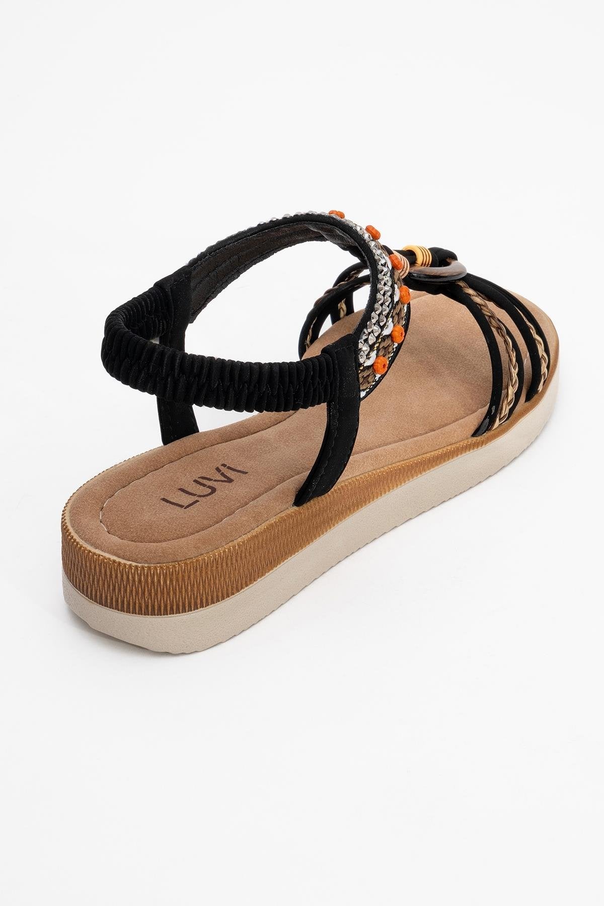 CHER Black Braided Strap Sandal – back view showing crystal, leather, black, Vowalisse
