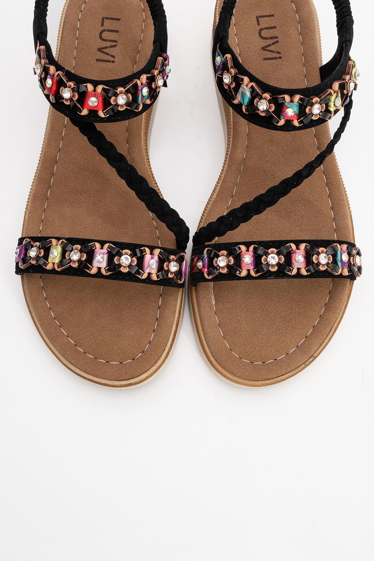 YUAN Black Braided Strap Sandal – side view showing leather, black, Vowalisse