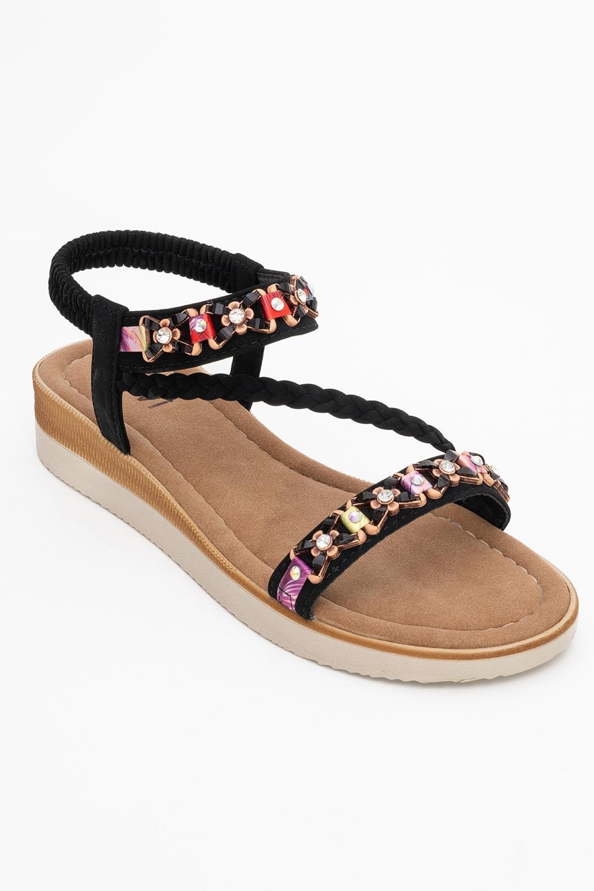 YUAN Black Braided Strap Sandal – detail view showing leather, black, Vowalisse