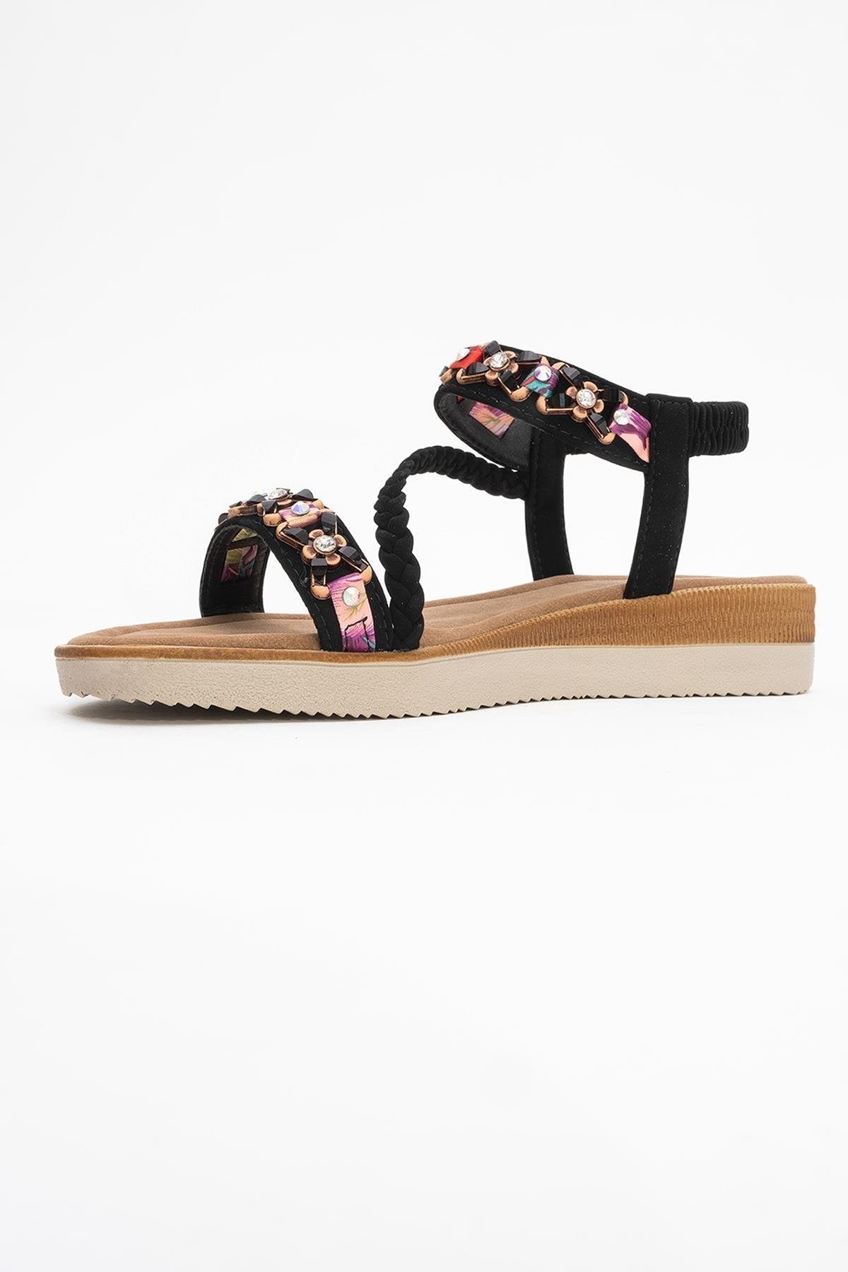 YUAN Black Braided Strap Sandal – heel view showing leather, black, Vowalisse