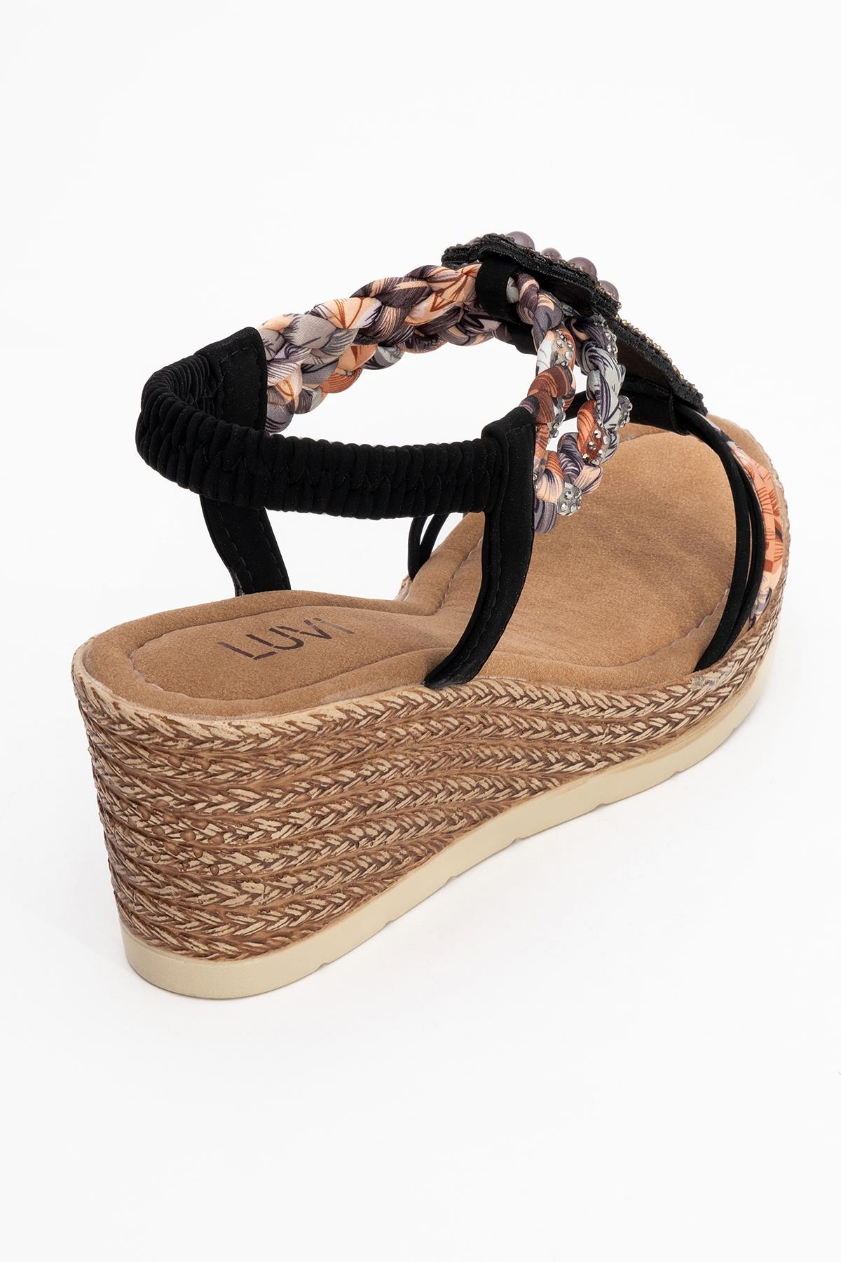 Sogno - Black Rhinestone Espadrille Sandal – back view showing pearl, rhinestone, leather, Vowalisse