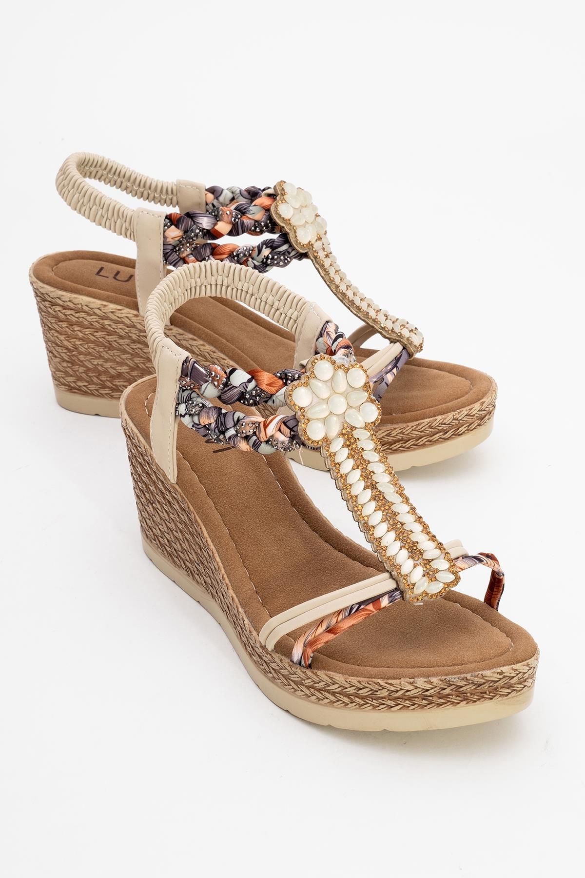 Sogno - Beige Rhinestone Espadrille Sandal – front three-quarter view showing pearl, rhinestone, leather, Vowalisse