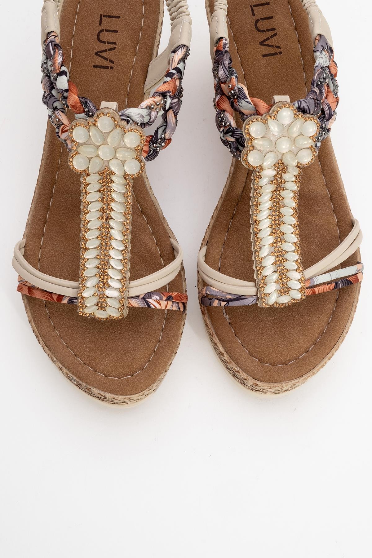 Sogno - Beige Rhinestone Espadrille Sandal – side view showing pearl, rhinestone, leather, Vowalisse