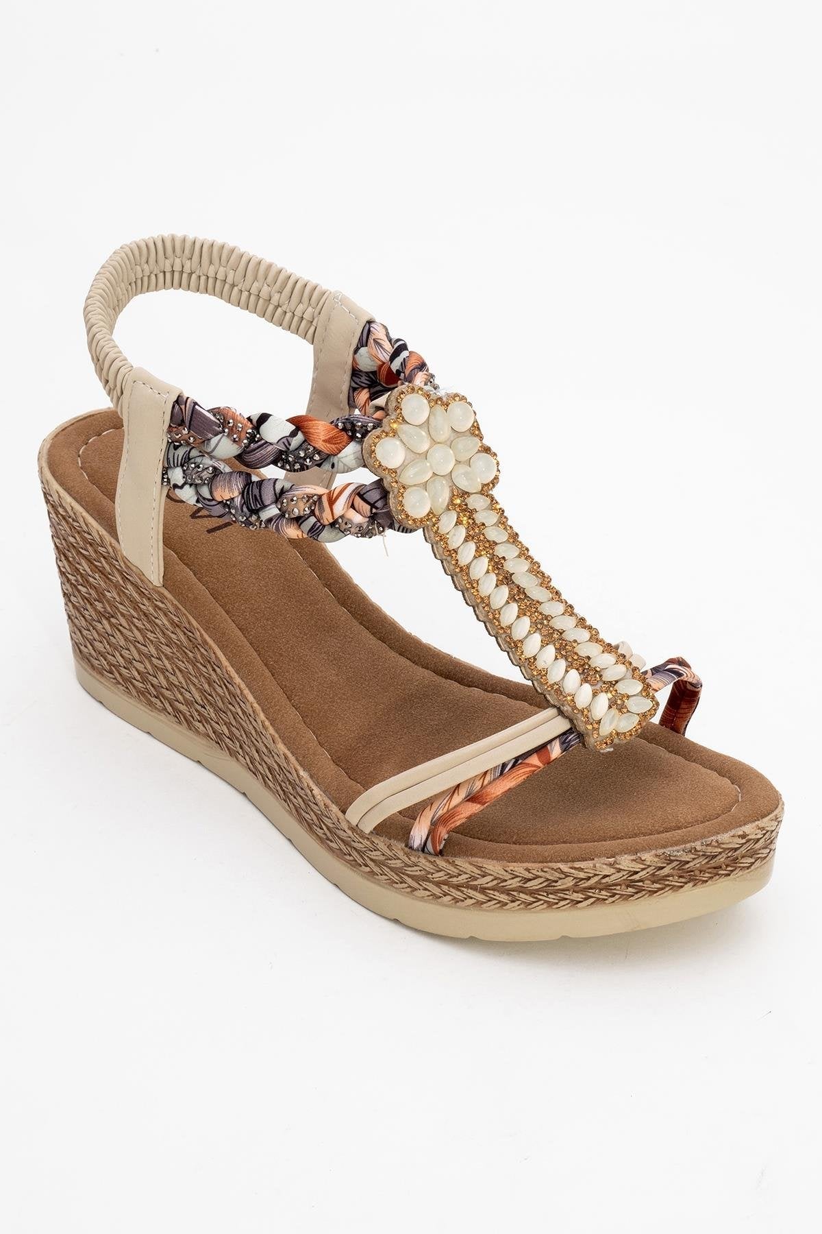 Sogno - Beige Rhinestone Espadrille Sandal – detail view showing pearl, rhinestone, leather, Vowalisse