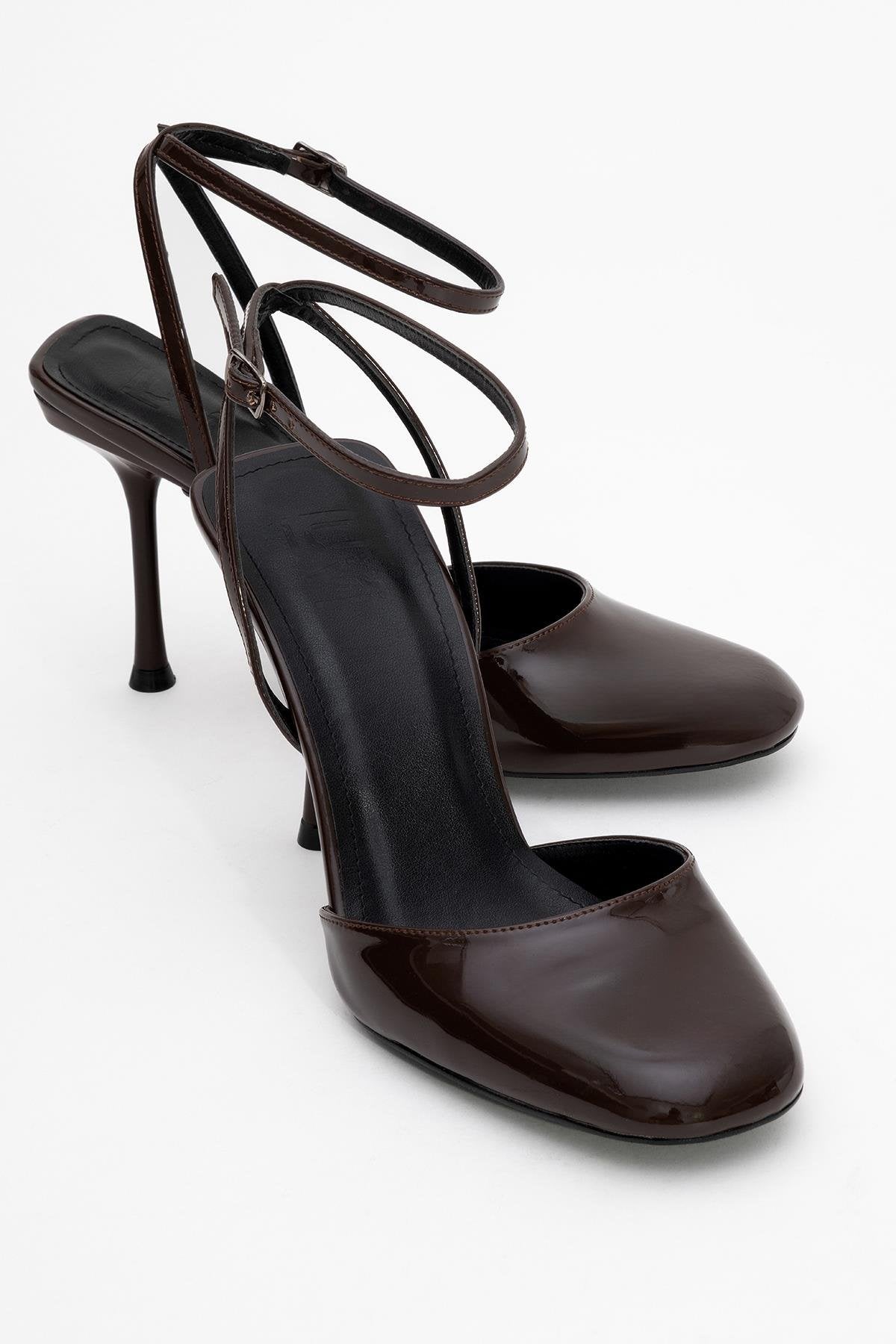 Blues - Brown Patent Round Toe Ankle-Tie High Heel – front three-quarter view showing leather, blue, Vowalisse