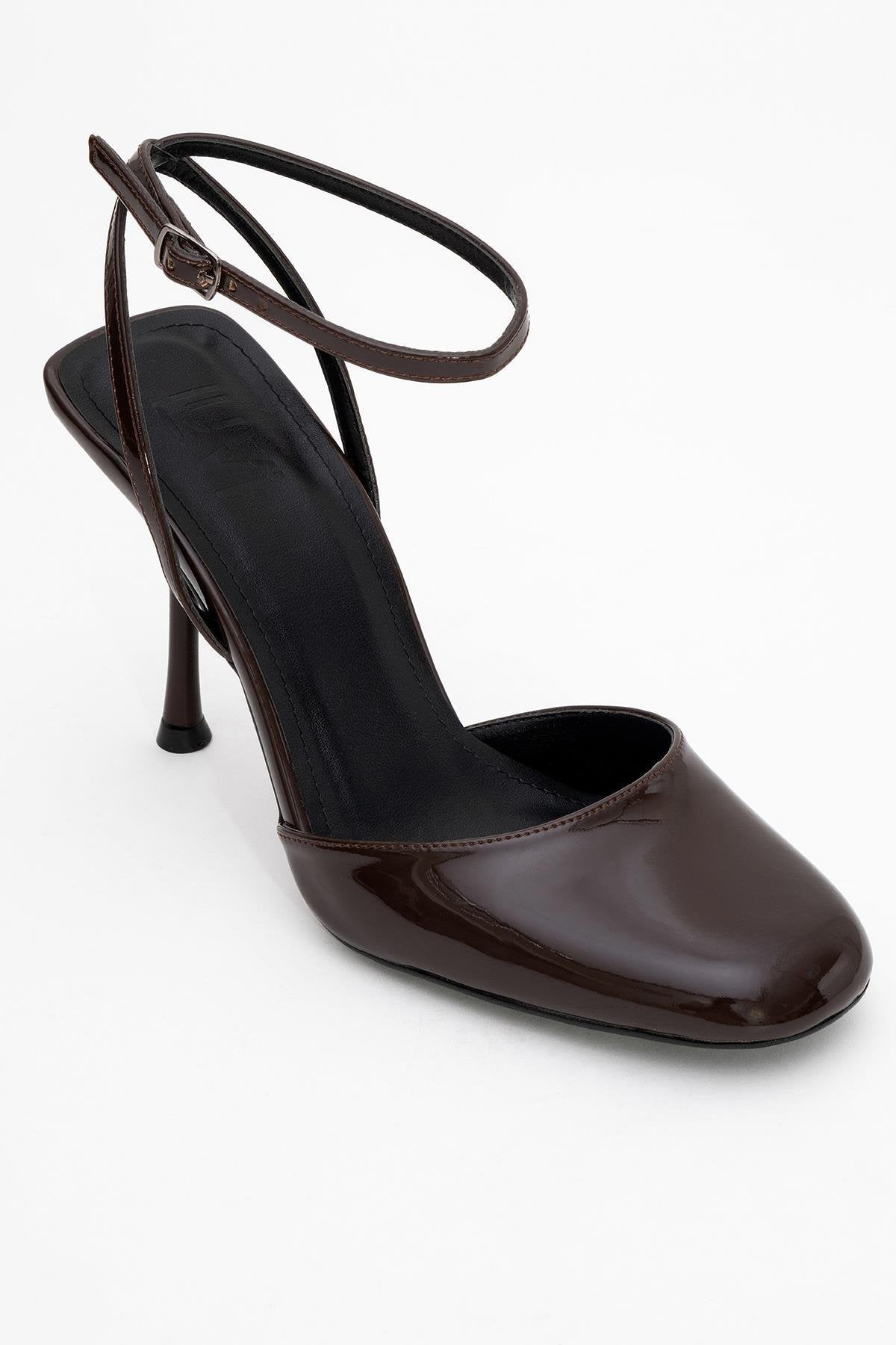 Blues - Brown Patent Round Toe Ankle-Tie High Heel – detail view showing leather, blue, Vowalisse
