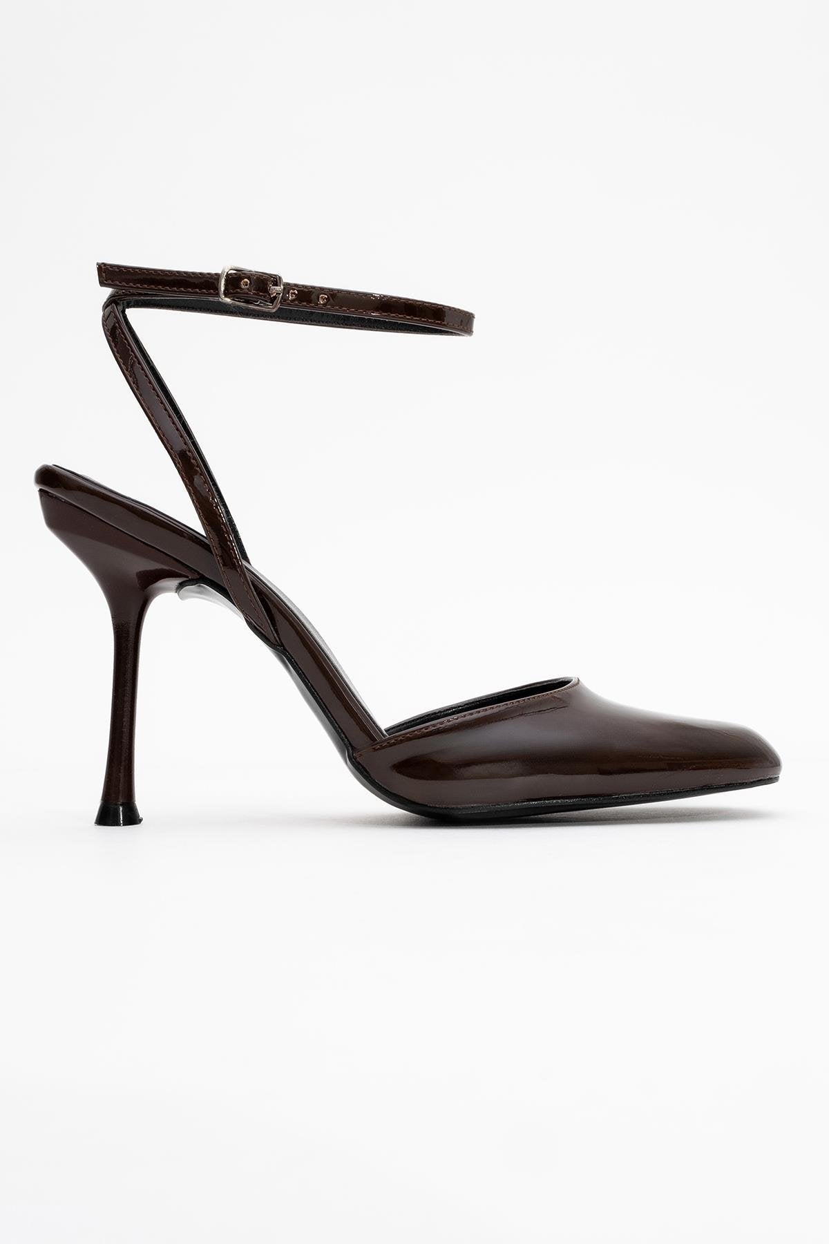 Blues - Brown Patent Round Toe Ankle-Tie High Heel – top view showing leather, blue, Vowalisse