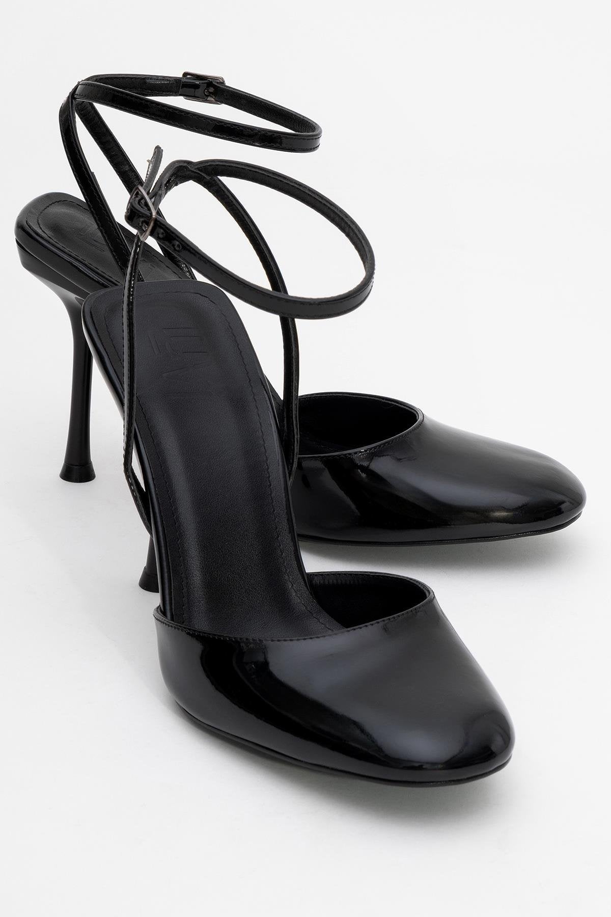 Blues - Black Patent Round Toe Ankle-Tie High Heel – front three-quarter view showing leather, black, blue, Vowalisse