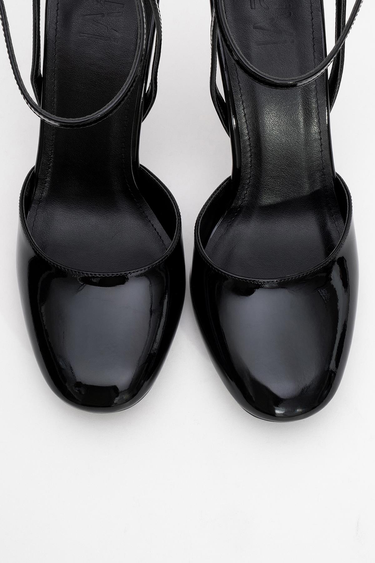 Blues - Black Patent Round Toe Ankle-Tie High Heel – side view showing leather, black, blue, Vowalisse