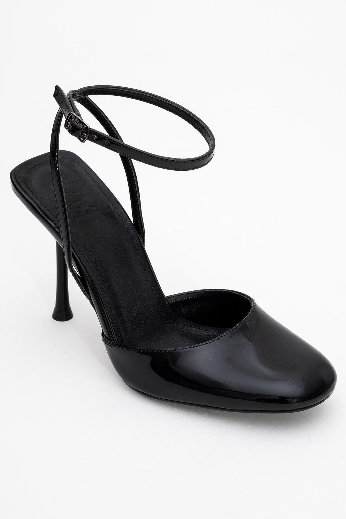 Blues - Black Patent Round Toe Ankle-Tie High Heel – detail view showing leather, black, blue, Vowalisse