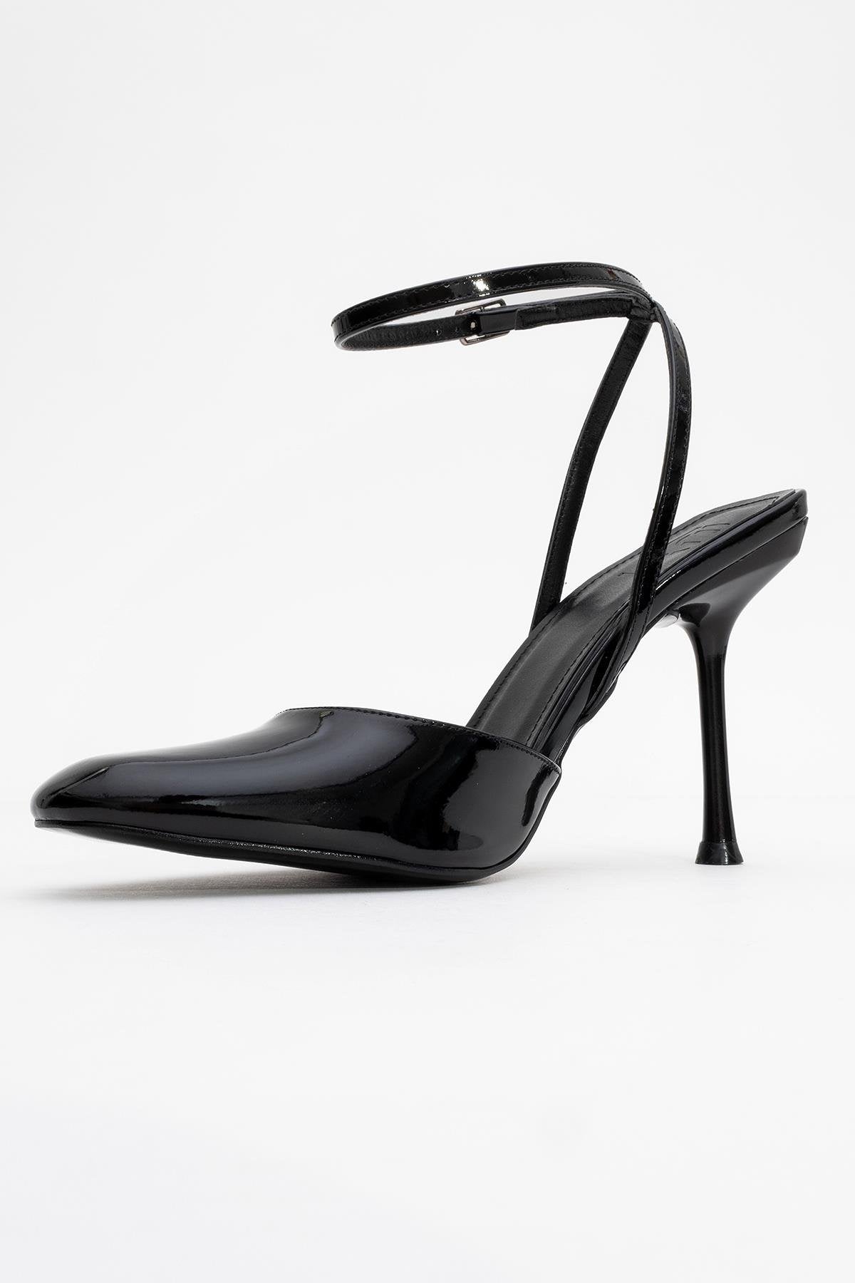 Blues - Black Patent Round Toe Ankle-Tie High Heel – heel view showing leather, black, blue, Vowalisse