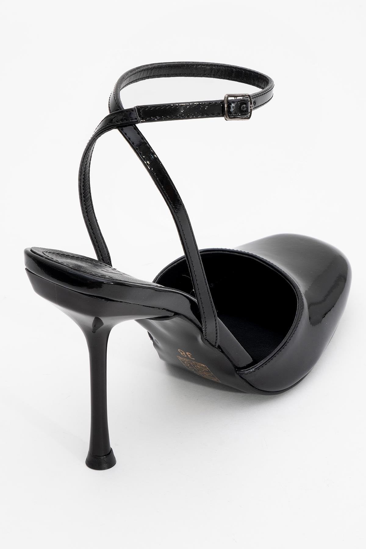 Blues - Black Patent Round Toe Ankle-Tie High Heel – back view showing leather, black, blue, Vowalisse