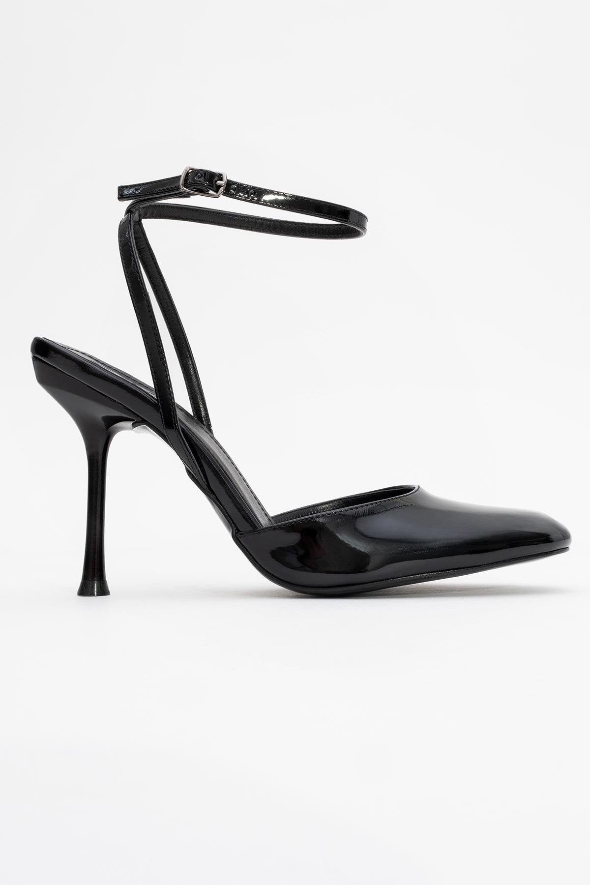 Blues - Black Patent Round Toe Ankle-Tie High Heel – top view showing leather, black, blue, Vowalisse