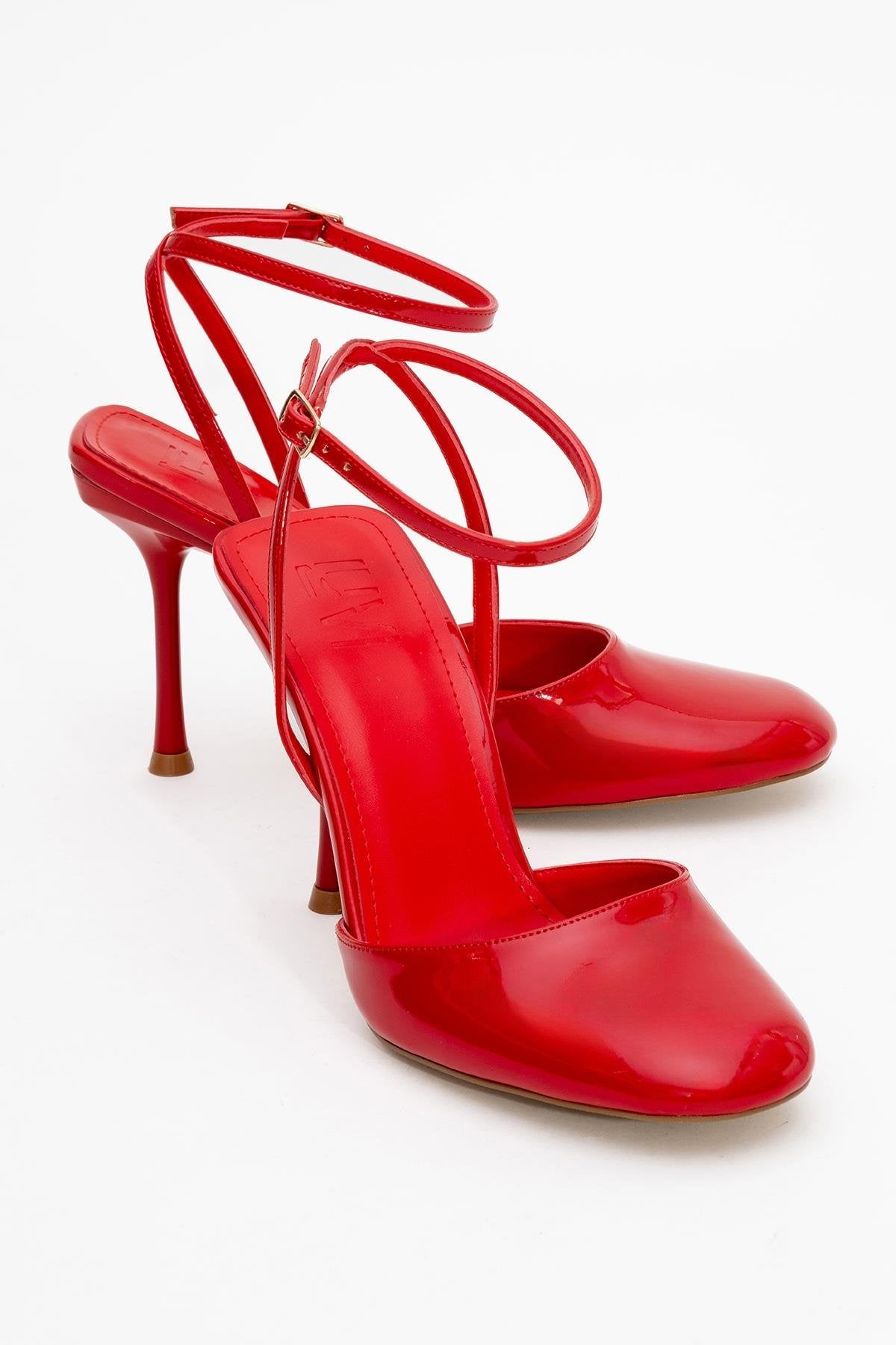 Blues - Red Patent Round Toe Ankle-Tie High Heel – front three-quarter view showing leather, blue, red, Vowalisse