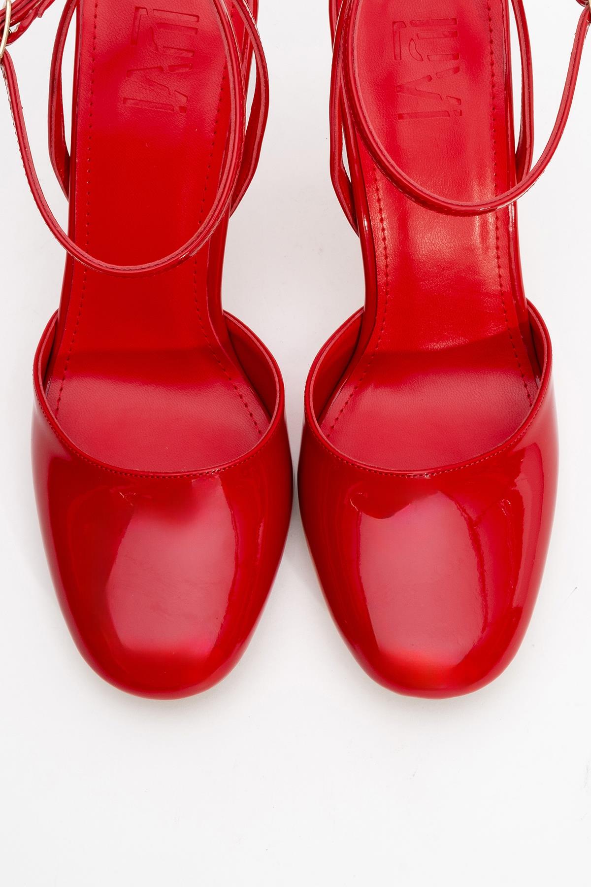 Blues - Red Patent Round Toe Ankle-Tie High Heel – side view showing leather, blue, red, Vowalisse