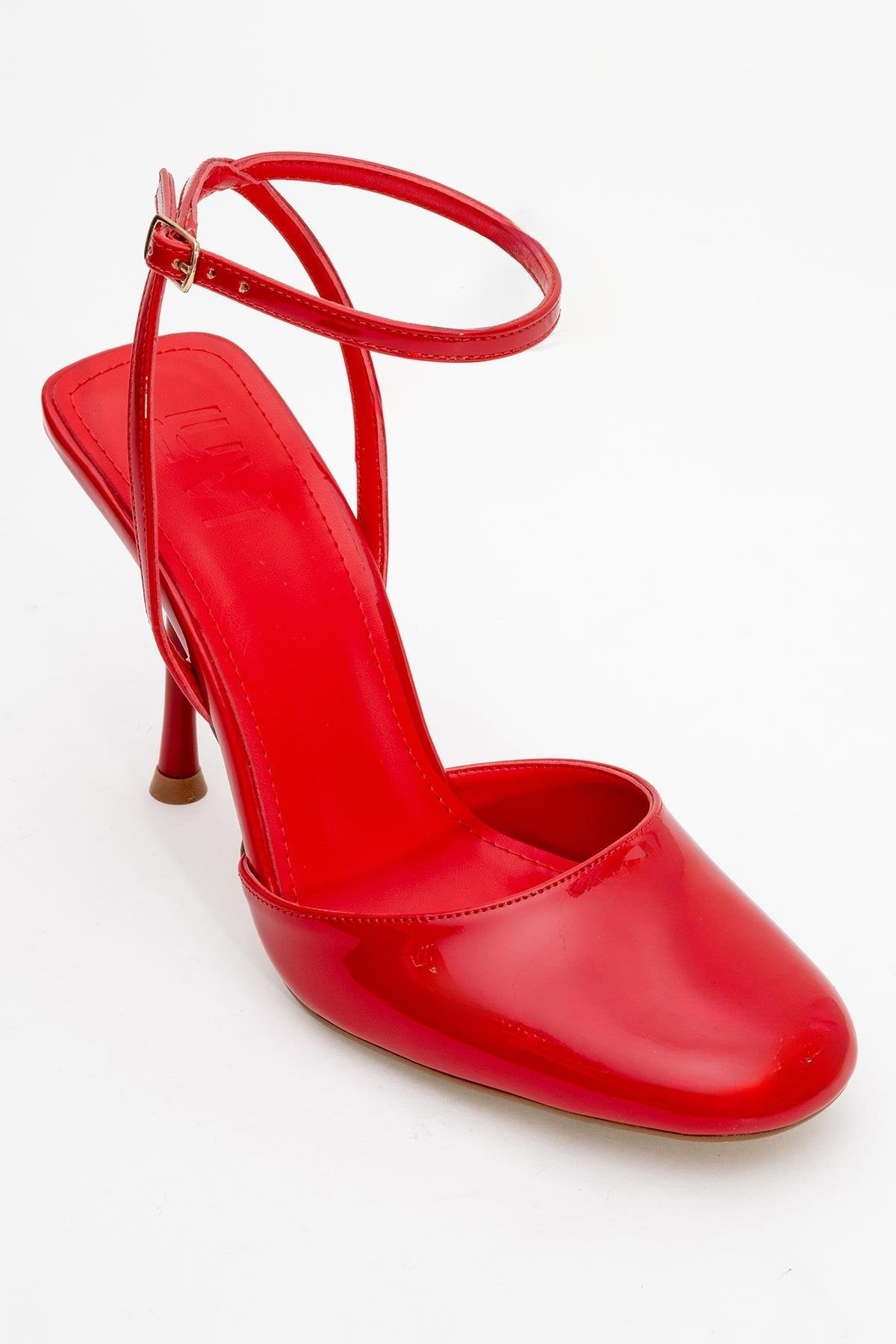 Blues - Red Patent Round Toe Ankle-Tie High Heel – detail view showing leather, blue, red, Vowalisse