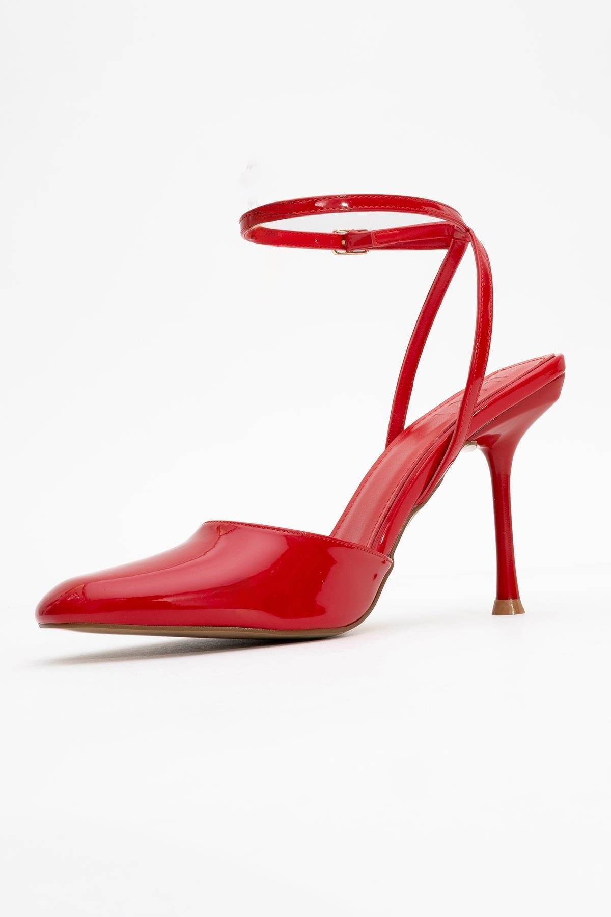 Blues - Red Patent Round Toe Ankle-Tie High Heel – heel view showing leather, blue, red, Vowalisse
