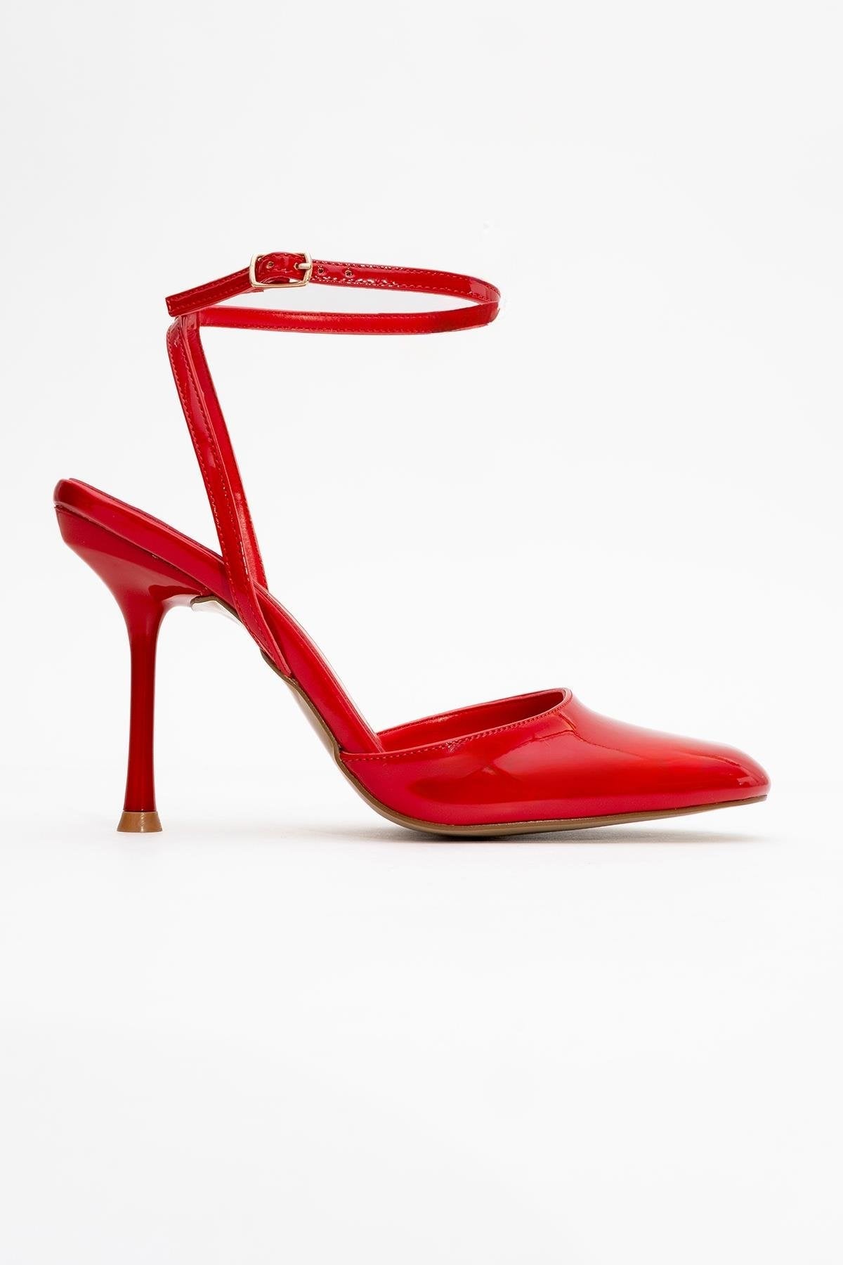 Blues - Red Patent Round Toe Ankle-Tie High Heel – top view showing leather, blue, red, Vowalisse