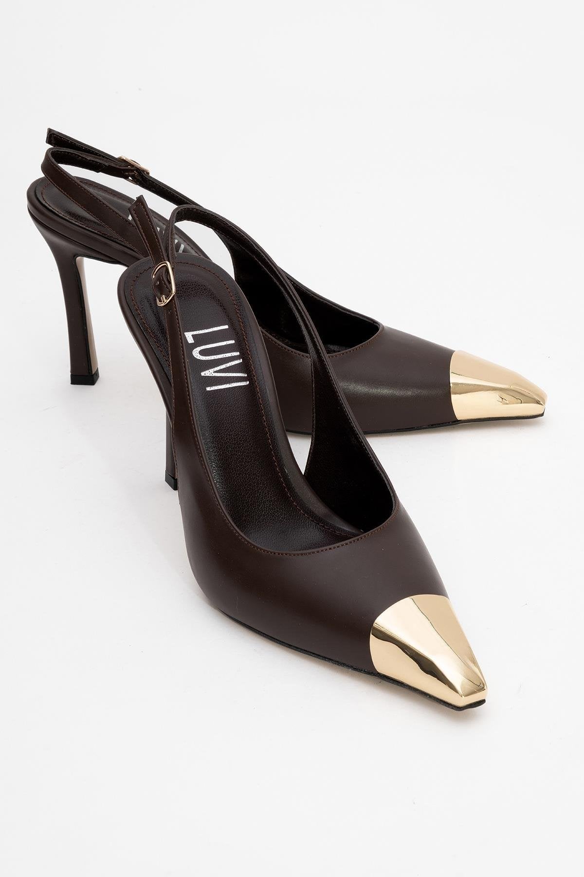 Flare - Brown Gold Detail Heeled Shoe – front three-quarter view showing leather, metallic, gold, Vowalisse