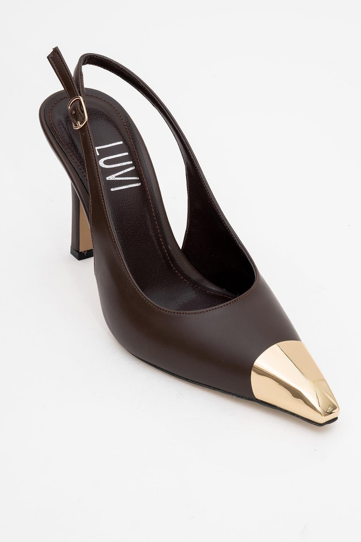 Flare - Brown Gold Detail Heeled Shoe – detail view showing leather, metallic, gold, Vowalisse
