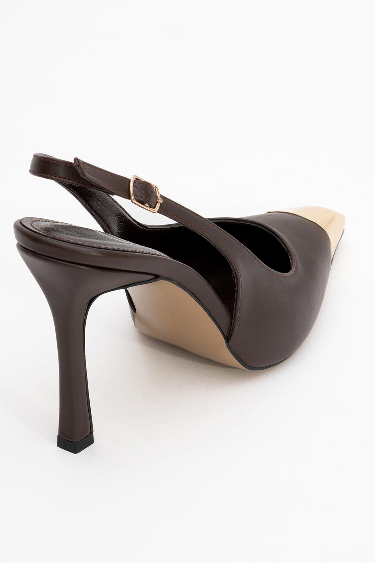 Flare - Brown Gold Detail Heeled Shoe – back view showing leather, metallic, gold, Vowalisse