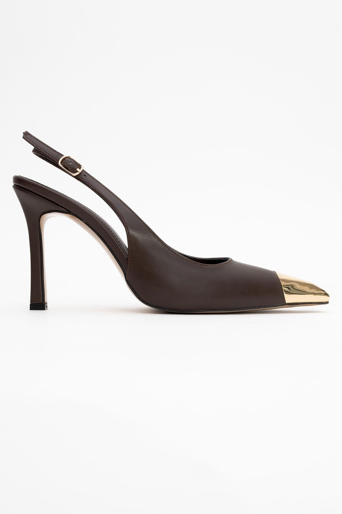 Flare - Brown Gold Detail Heeled Shoe – top view showing leather, metallic, gold, Vowalisse
