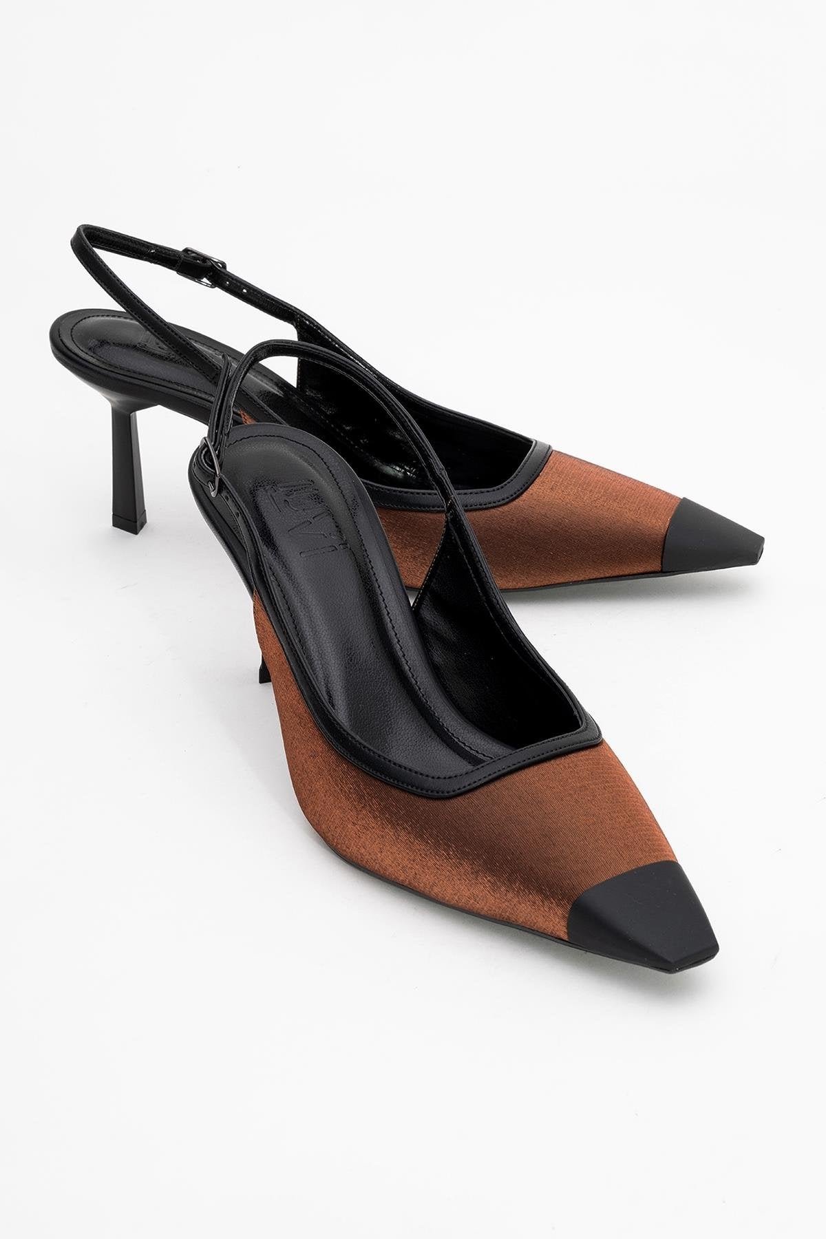 Alive - Copper Satin Matte Toe Detail Heeled Shoe – front three-quarter view showing satin, leather, Vowalisse