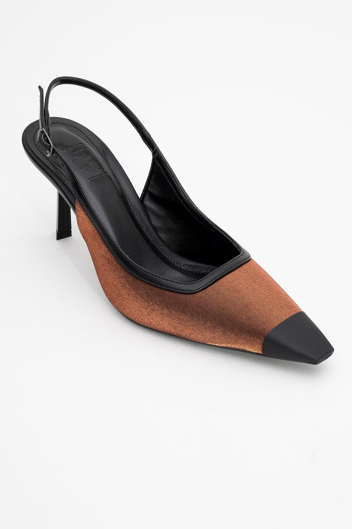 Alive - Copper Satin Matte Toe Detail Heeled Shoe – detail view showing satin, leather, Vowalisse