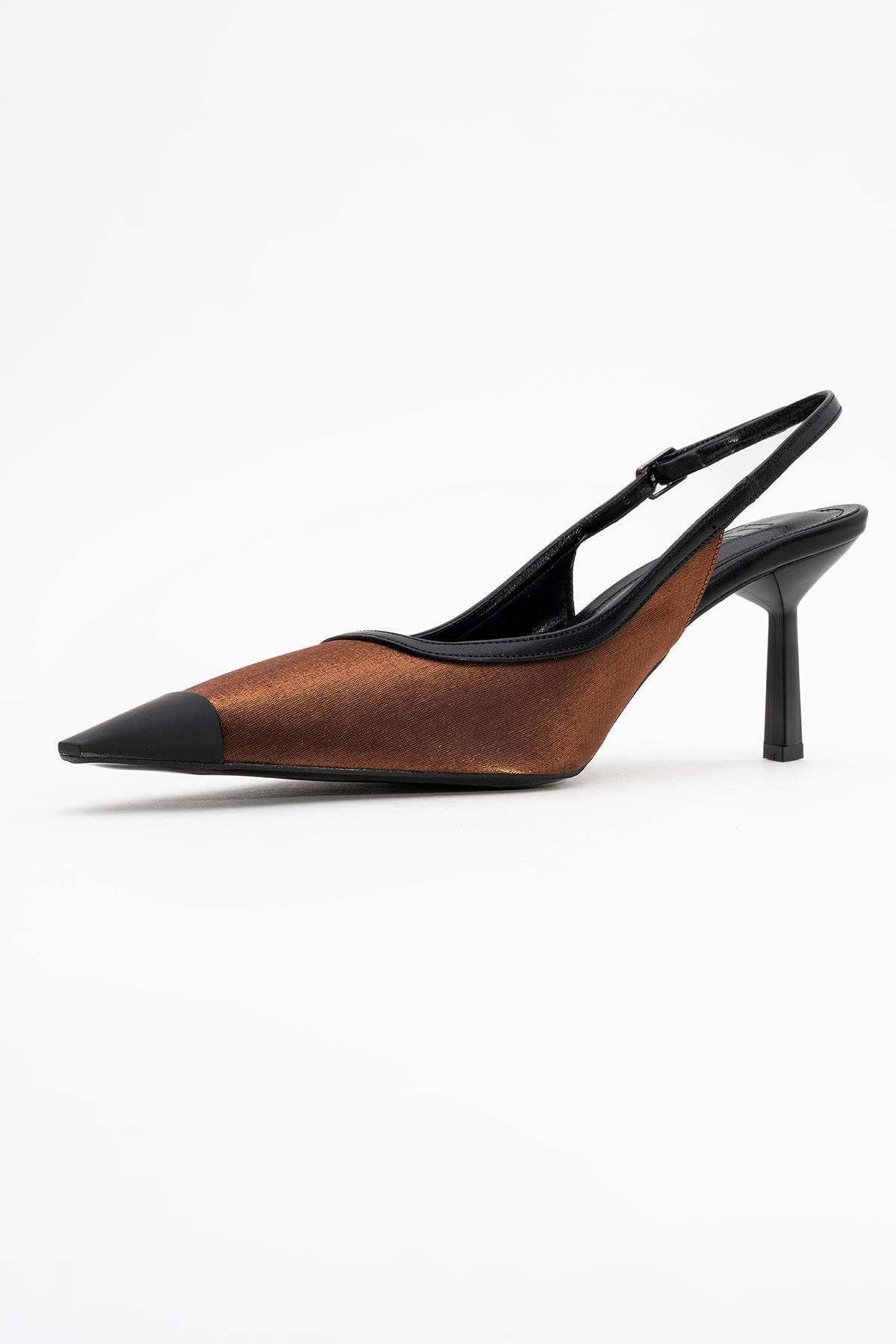 Alive - Copper Satin Matte Toe Detail Heeled Shoe – heel view showing satin, leather, Vowalisse