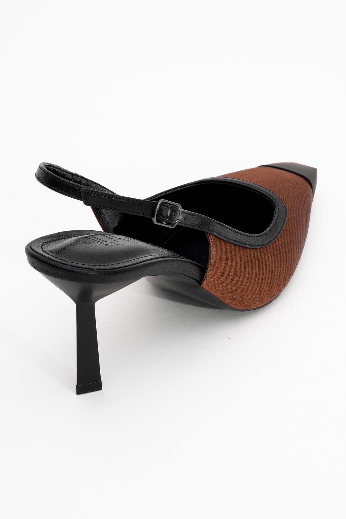 Alive - Copper Satin Matte Toe Detail Heeled Shoe – back view showing satin, leather, Vowalisse