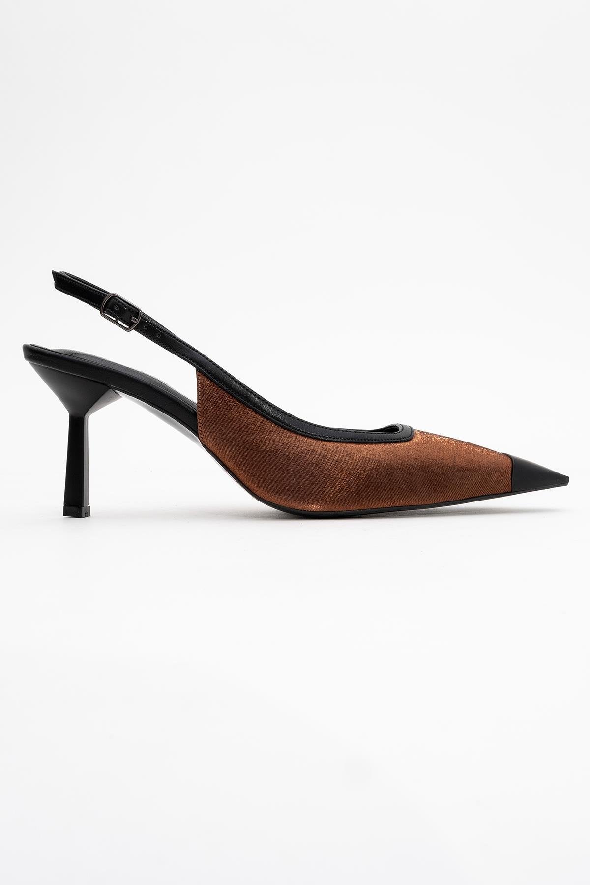 Alive - Copper Satin Matte Toe Detail Heeled Shoe – top view showing satin, leather, Vowalisse