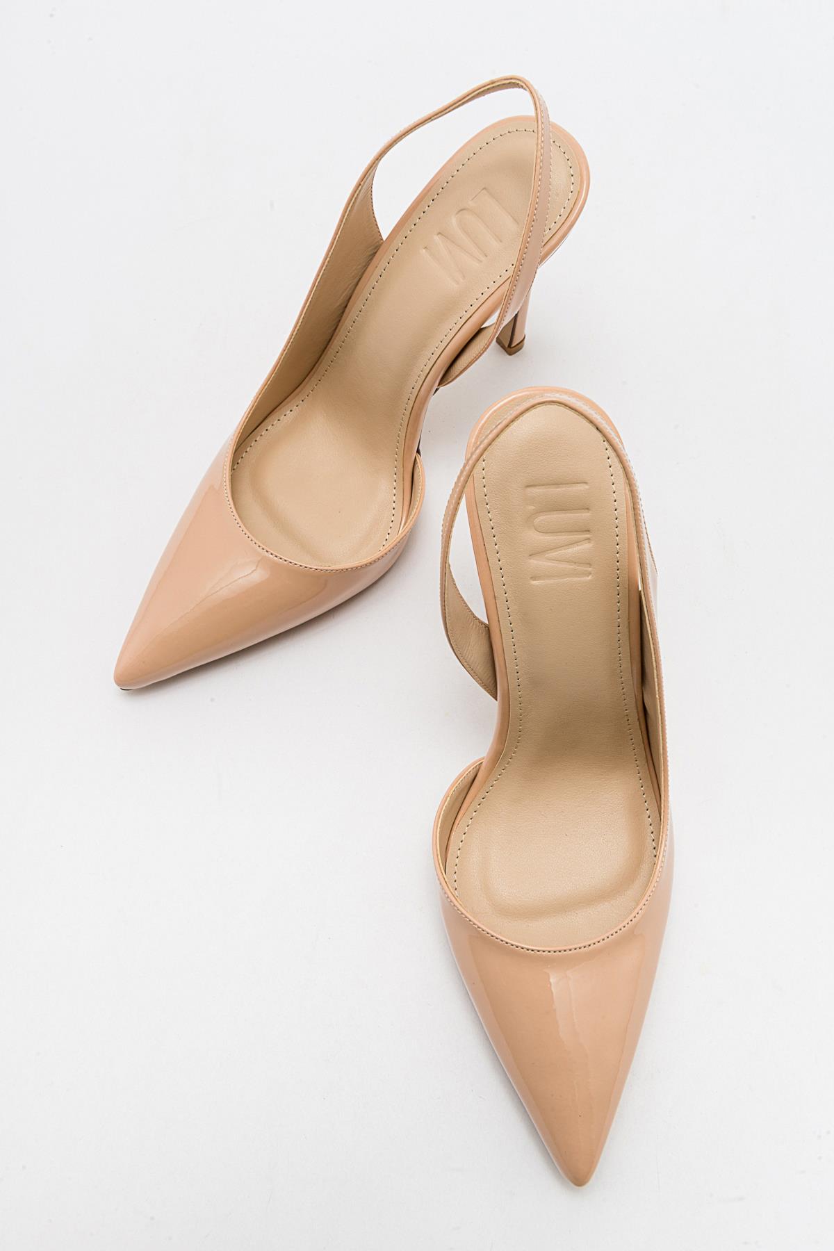 Twine - Beige Patent Heeled Shoe – side view showing leather, Vowalisse