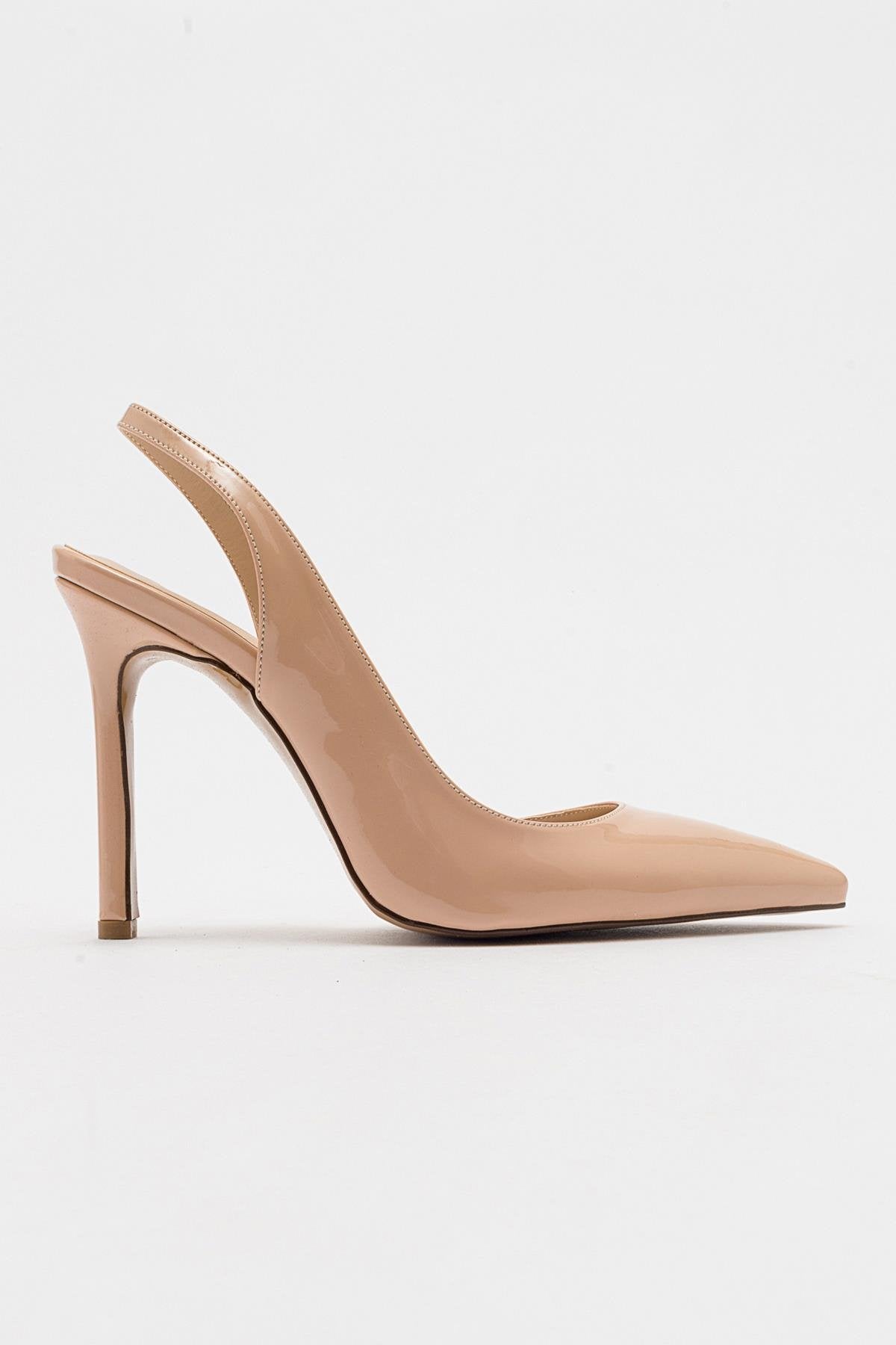 Twine - Beige Patent Heeled Shoe – top view showing leather, Vowalisse