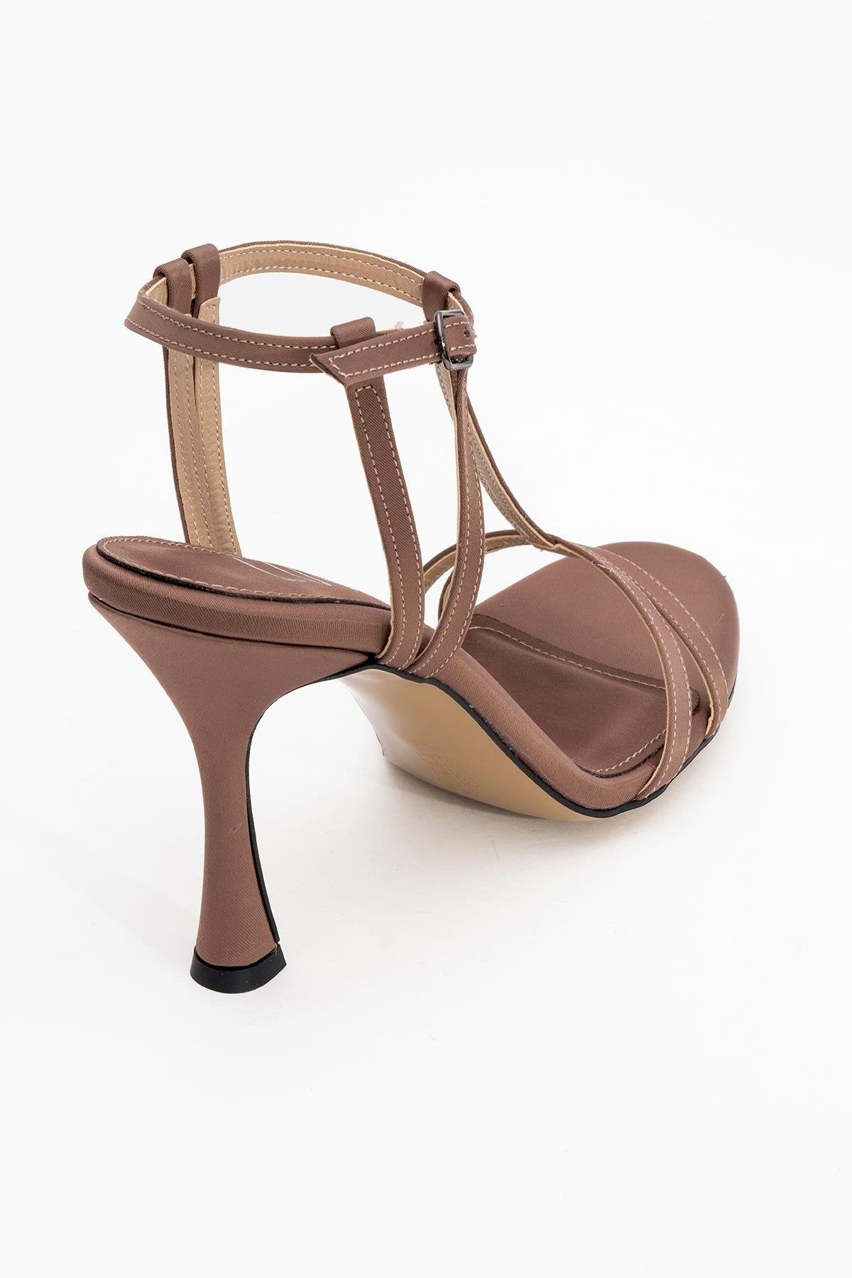 Credo - Brown Satin High Heel Shoe – back view showing satin, leather, red, Vowalisse